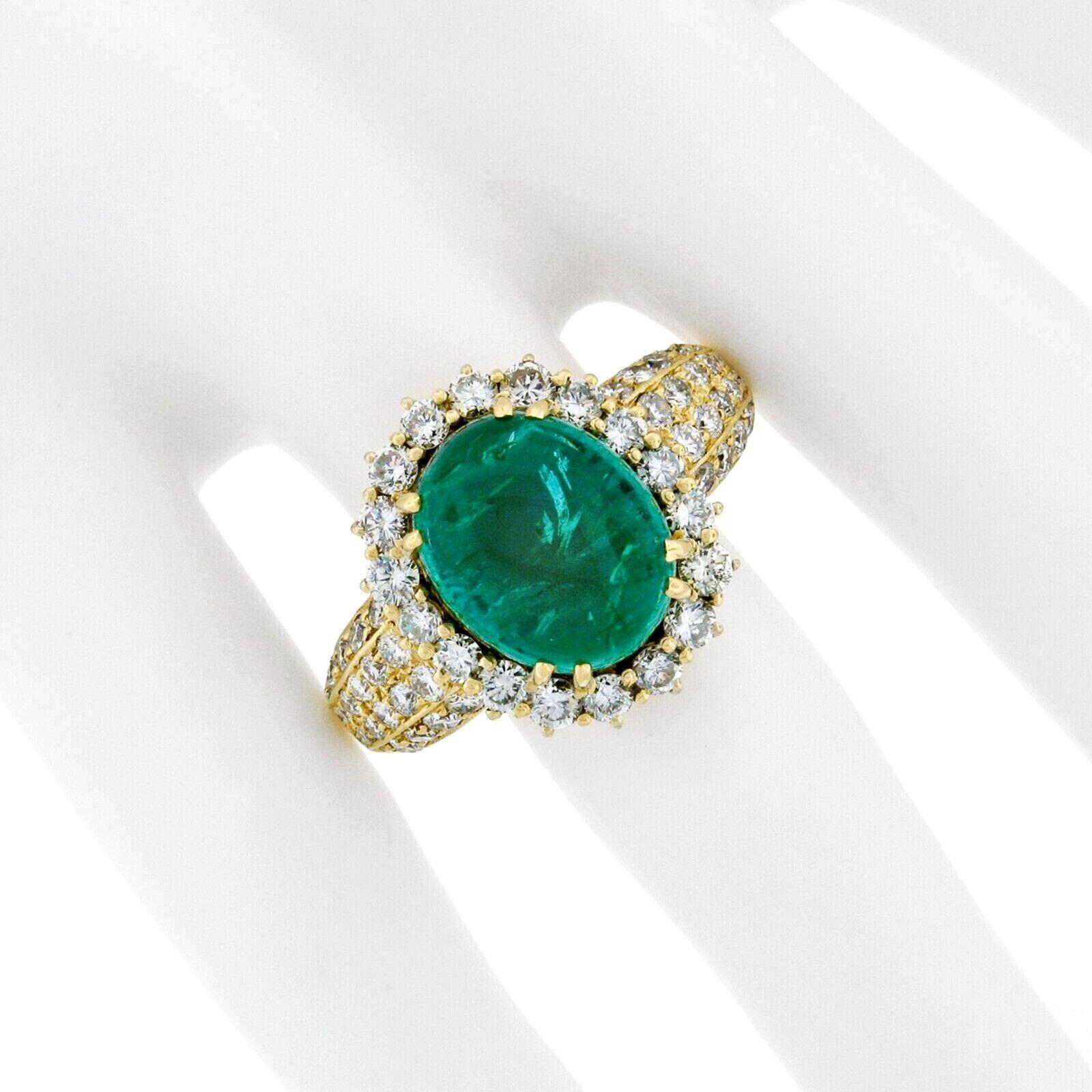 Oval Cut Vintage 18k Gold 8.58ct AGL Oval Cabochon Emerald and Pave Diamond Cocktail Ring For Sale