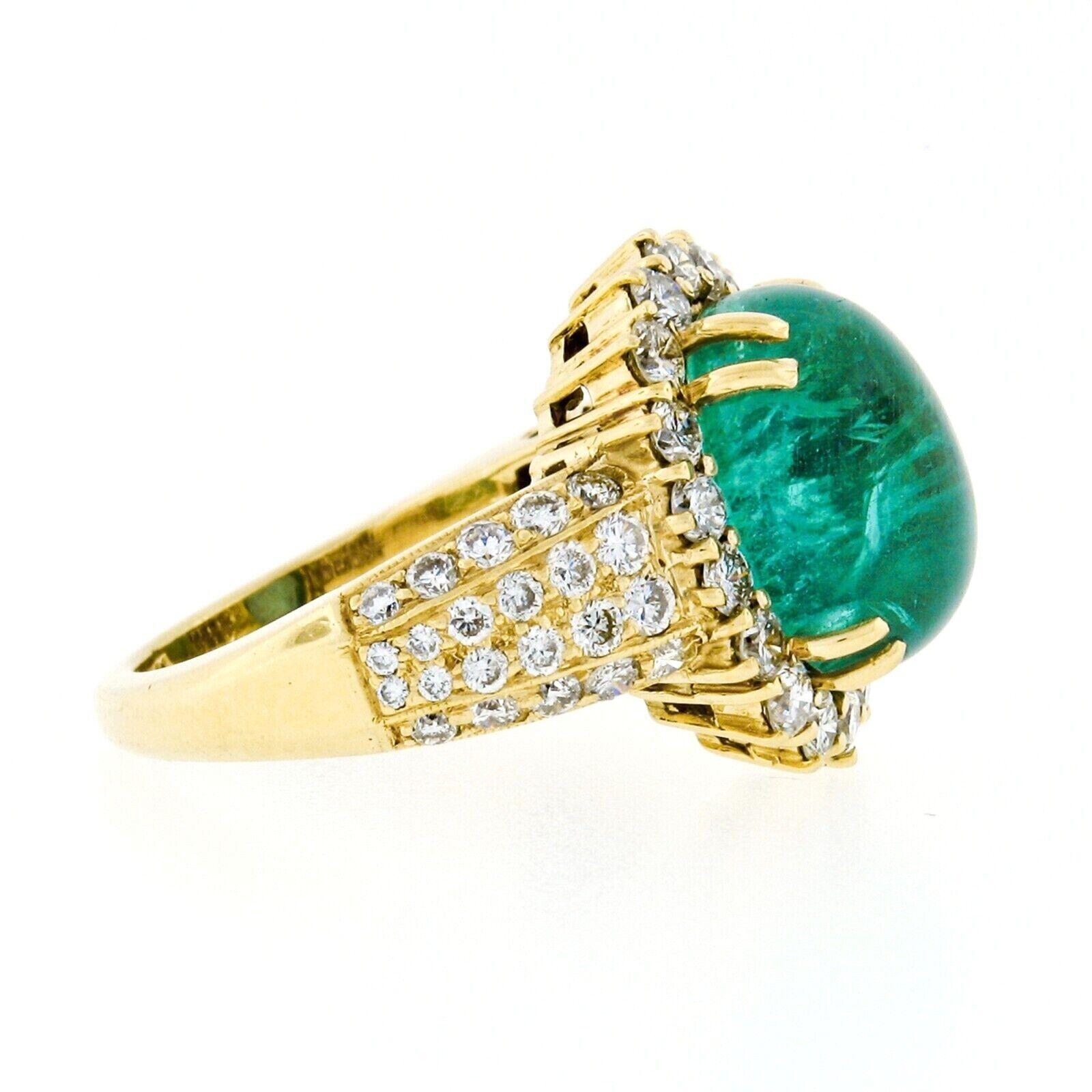 Vintage 18k Gold 8.58ct AGL Oval Cabochon Emerald and Pave Diamond Cocktail Ring In Good Condition For Sale In Montclair, NJ