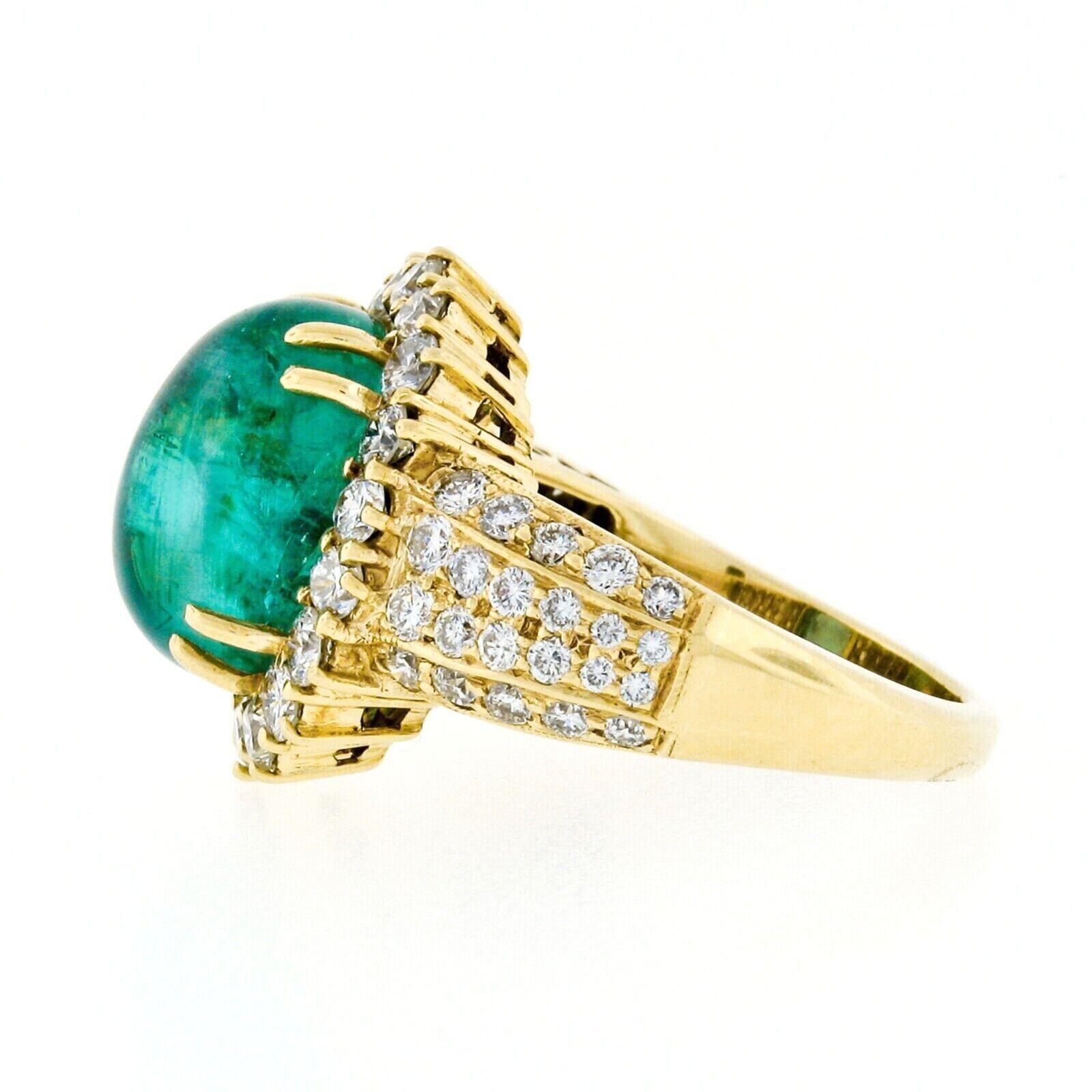 Women's Vintage 18k Gold 8.58ct AGL Oval Cabochon Emerald and Pave Diamond Cocktail Ring For Sale