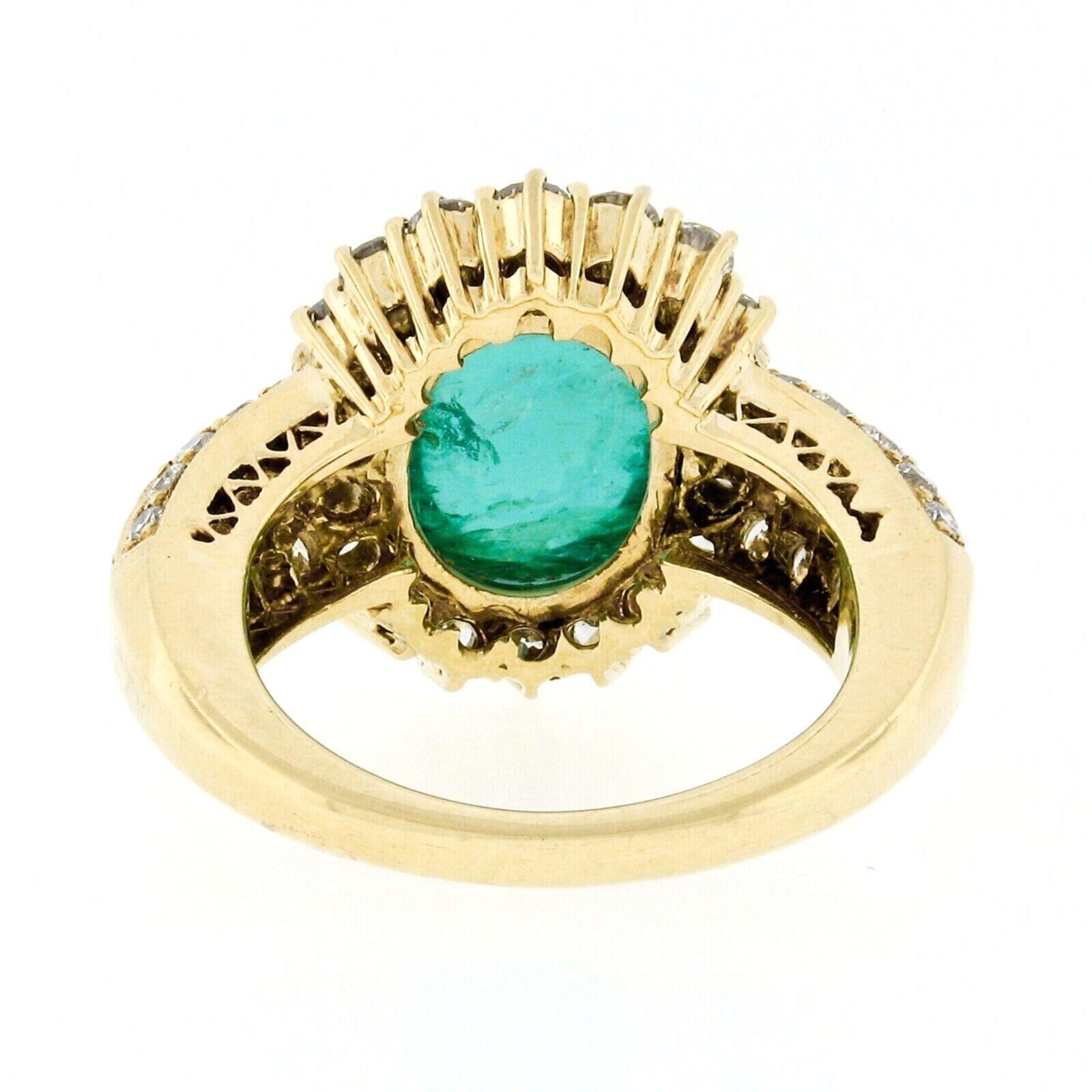Vintage 18k Gold 8.58ct AGL Oval Cabochon Emerald and Pave Diamond Cocktail Ring For Sale 1