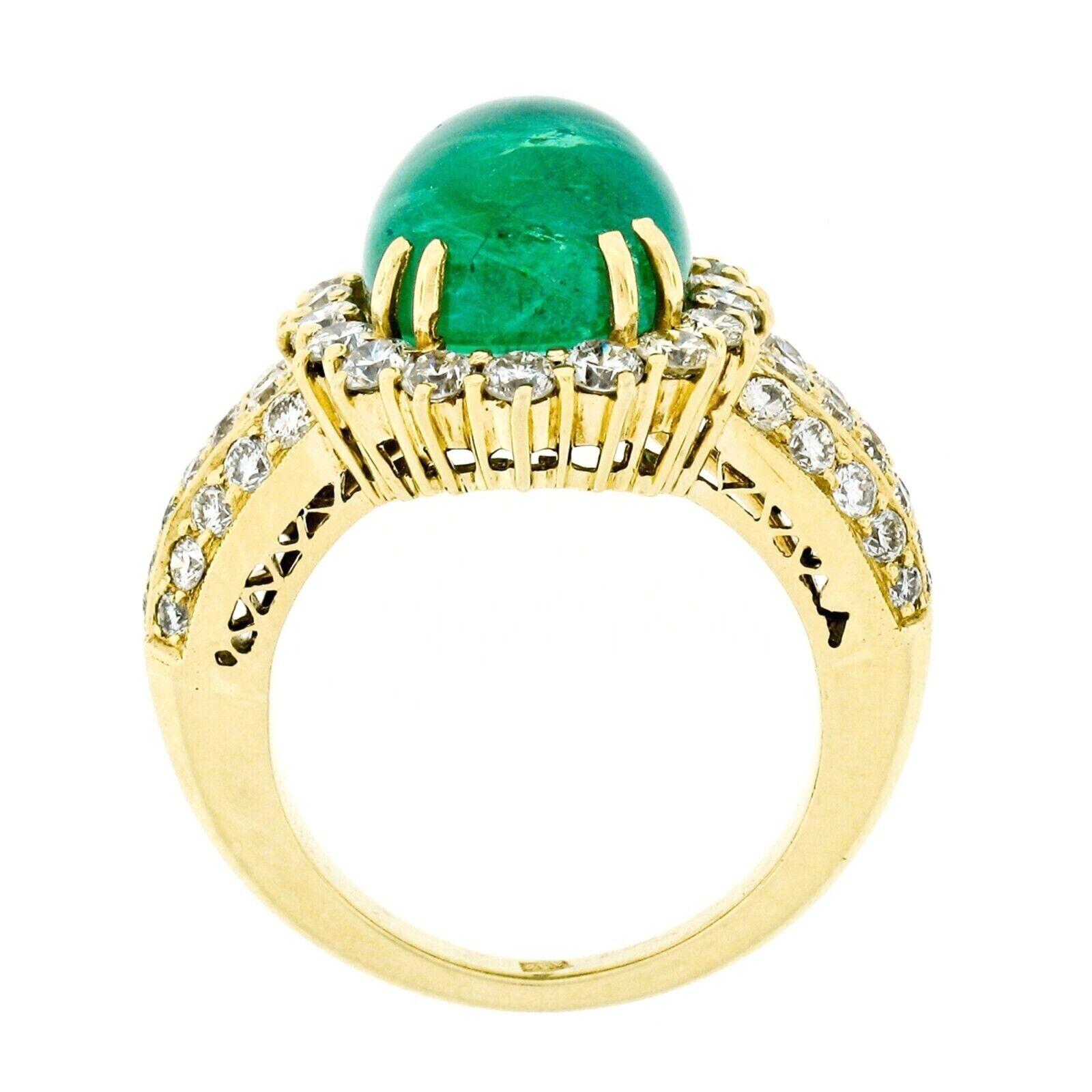 Vintage 18k Gold 8.58ct AGL Oval Cabochon Emerald and Pave Diamond Cocktail Ring For Sale 2