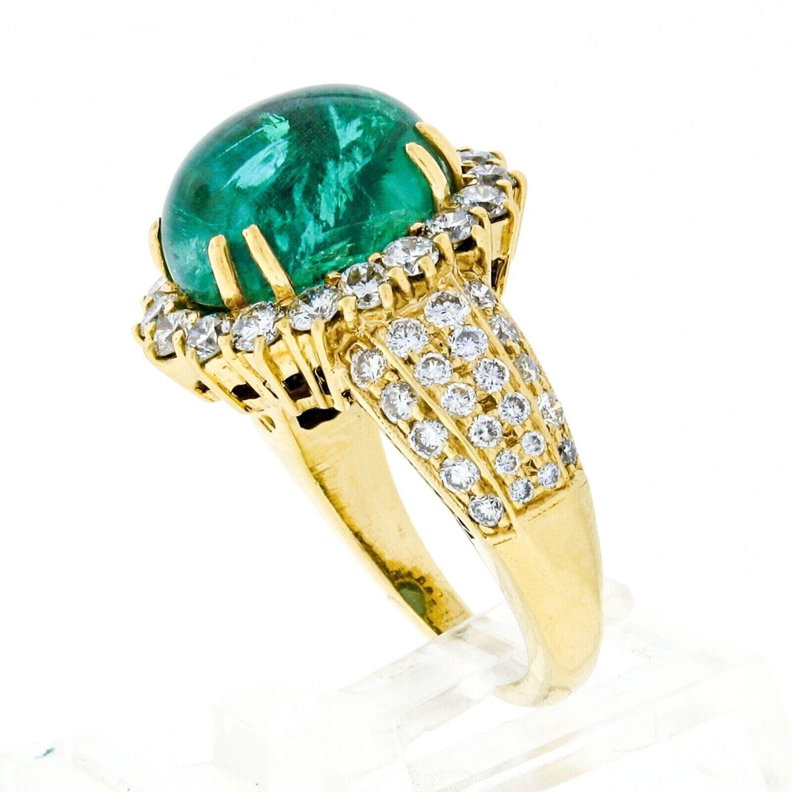 Vintage 18k Gold 8.58ct AGL Oval Cabochon Emerald and Pave Diamond Cocktail Ring For Sale 3