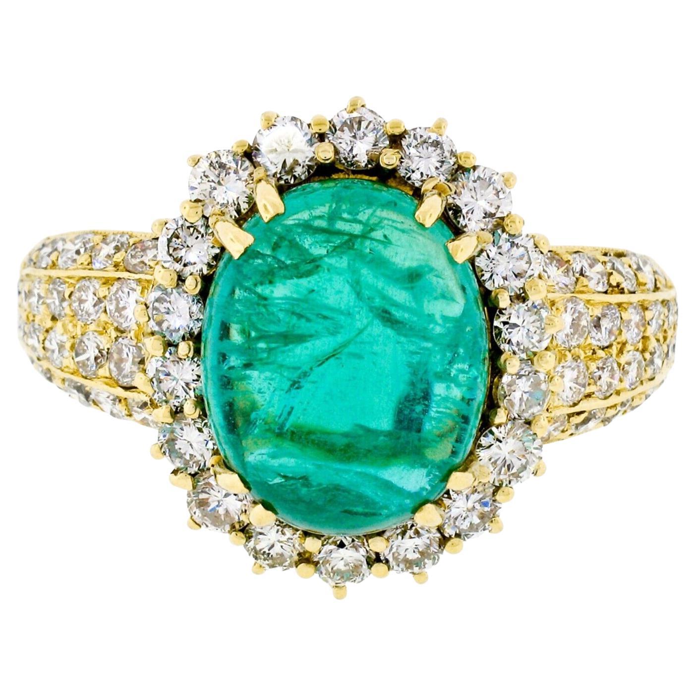 Vintage 18k Gold 8.58ct AGL Oval Cabochon Emerald and Pave Diamond Cocktail Ring For Sale