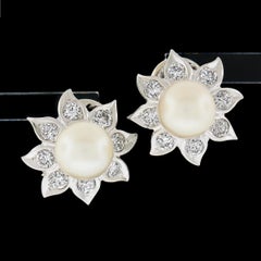 Vintage 18k Gold 8.5mm Round Pearl w/ 1.25ctw Diamonds Flower Omega Earrings