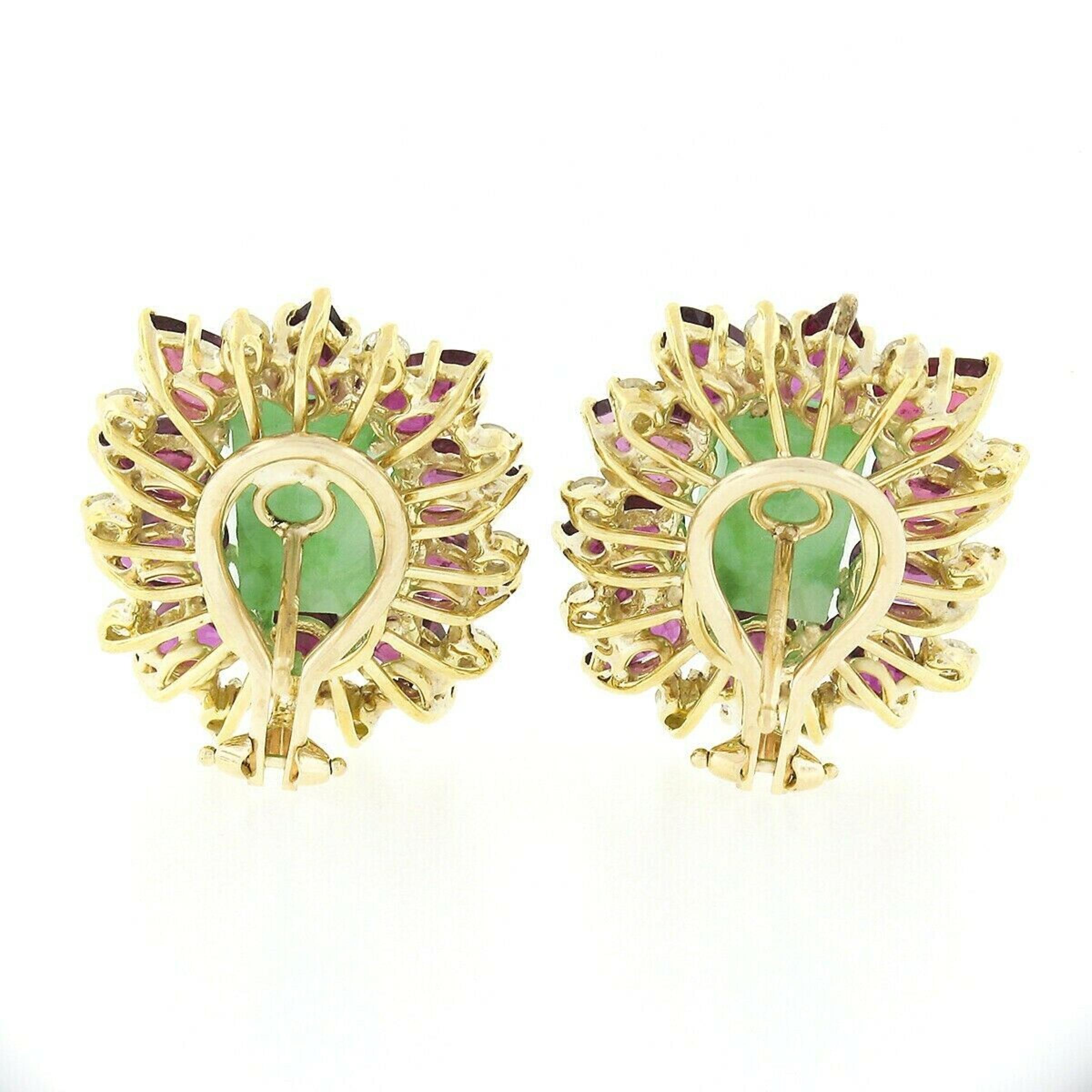 Vintage 18k Gold 8.60ct Rectangular Jade w/ Pear Ruby Diamond Statement Earrings In Good Condition For Sale In Montclair, NJ