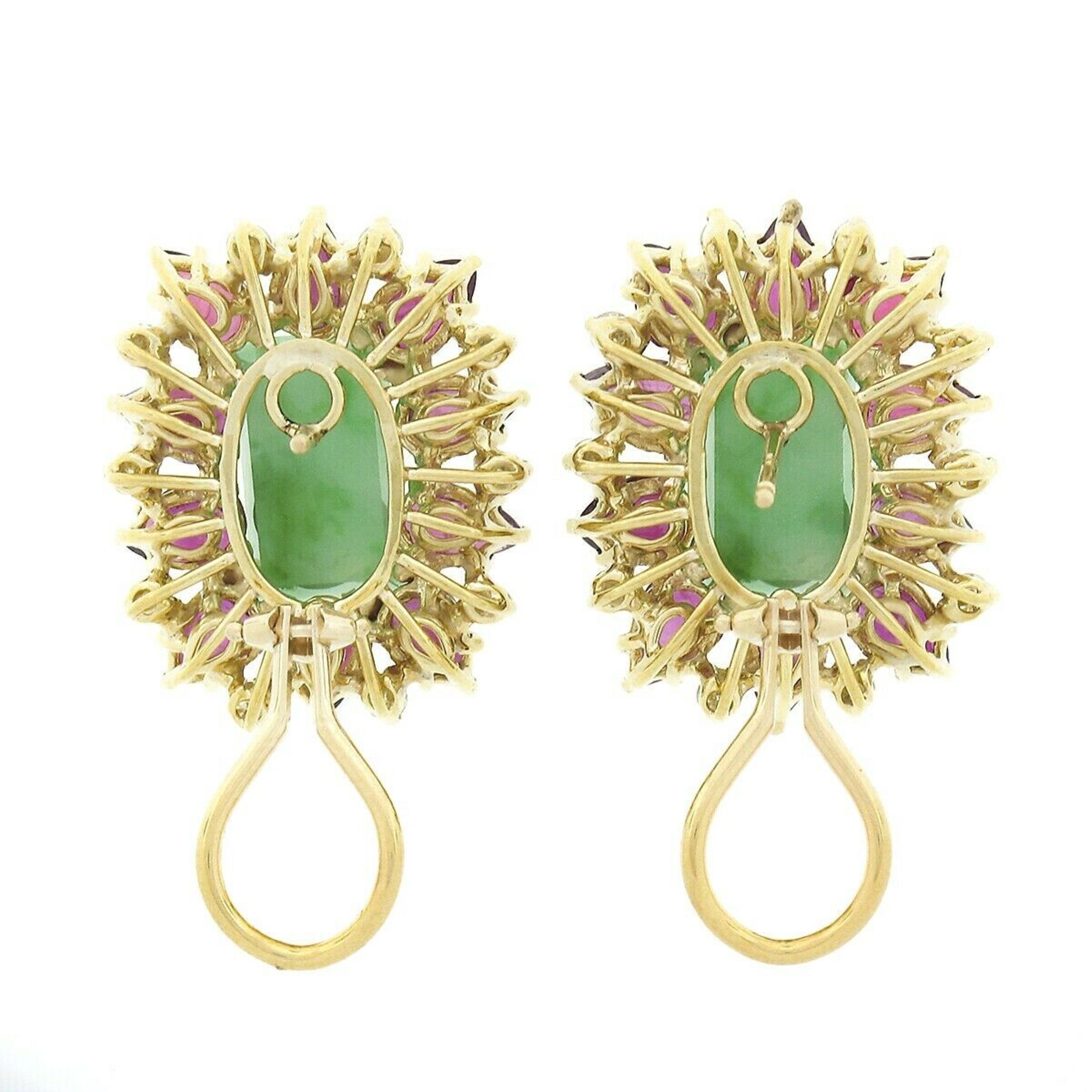 Women's Vintage 18k Gold 8.60ct Rectangular Jade w/ Pear Ruby Diamond Statement Earrings For Sale