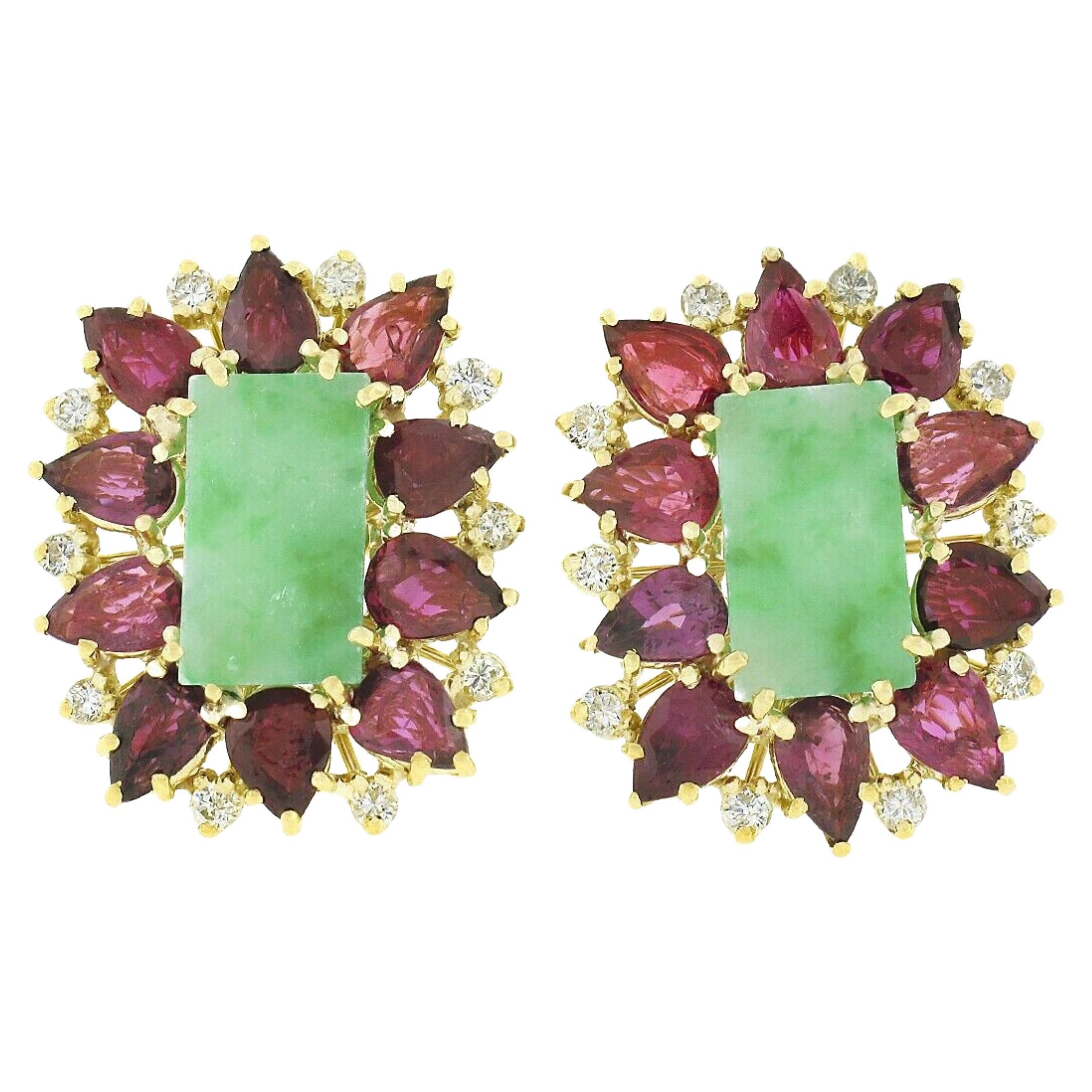 Vintage 18k Gold 8.60ct Rectangular Jade w/ Pear Ruby Diamond Statement Earrings For Sale