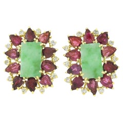 Vintage 18k Gold 8.60ct Rectangular Jade w/ Pear Ruby Diamond Statement Earrings