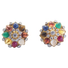 Pendientes finos tailandeses vintage de oro de 18 quilates con 9 piedras de la suerte