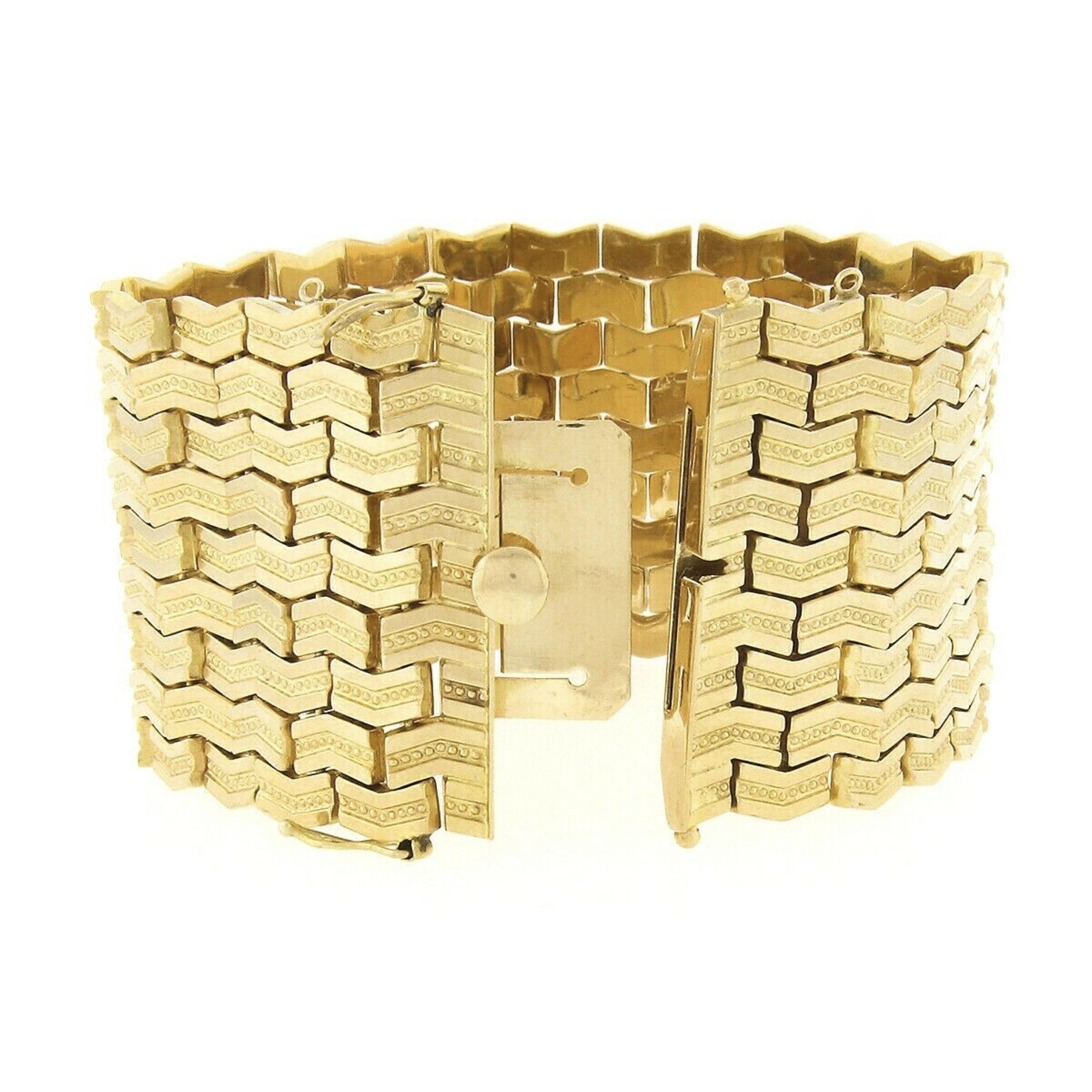Retro Vintage 18k Gold 9 Row Geometric Polished & Bead Work Strap Bracelet