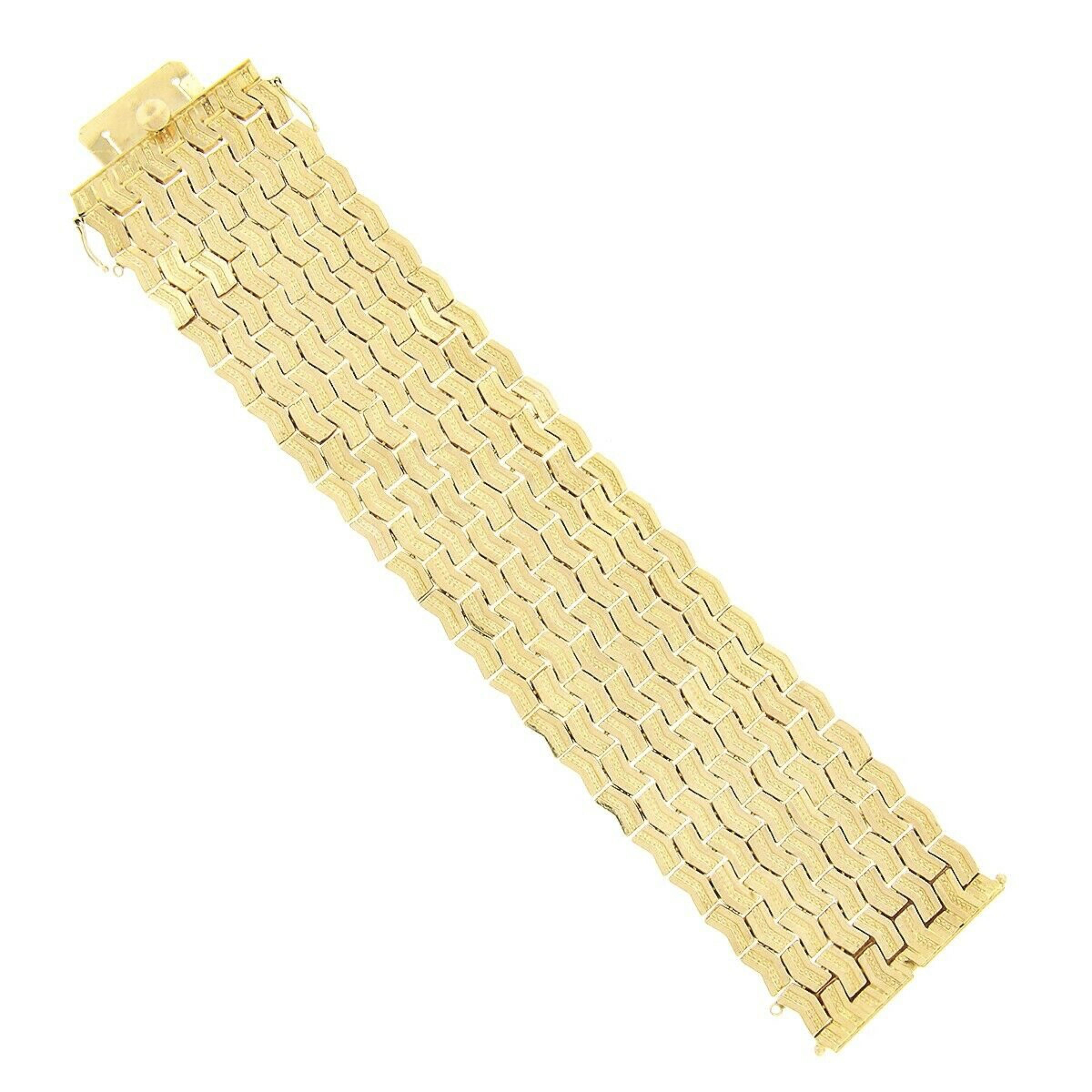 Women's or Men's Vintage 18k Gold 9 Row Geometric Polished & Bead Work Strap Bracelet