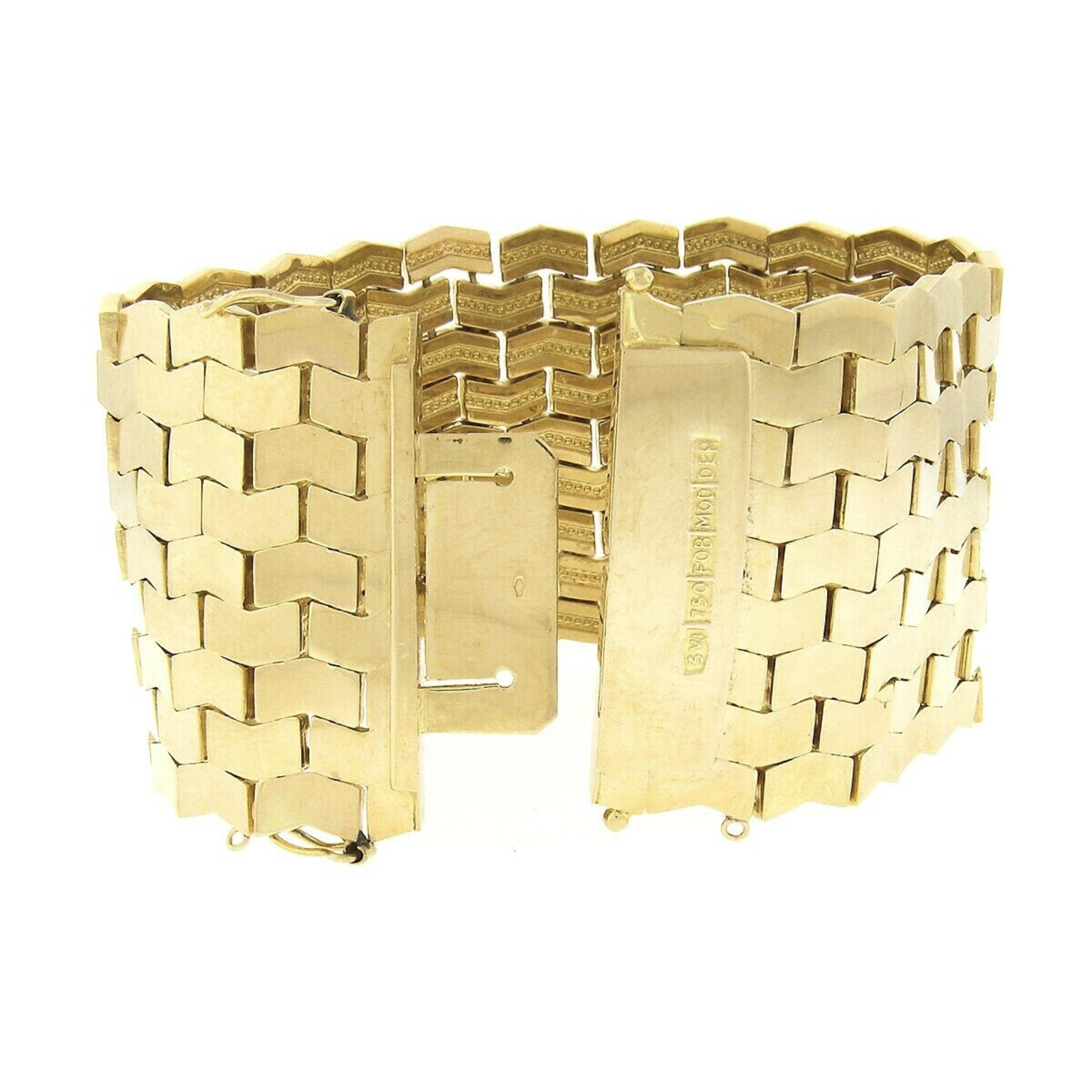 Vintage 18k Gold 9 Row Geometric Polished & Bead Work Strap Bracelet 3