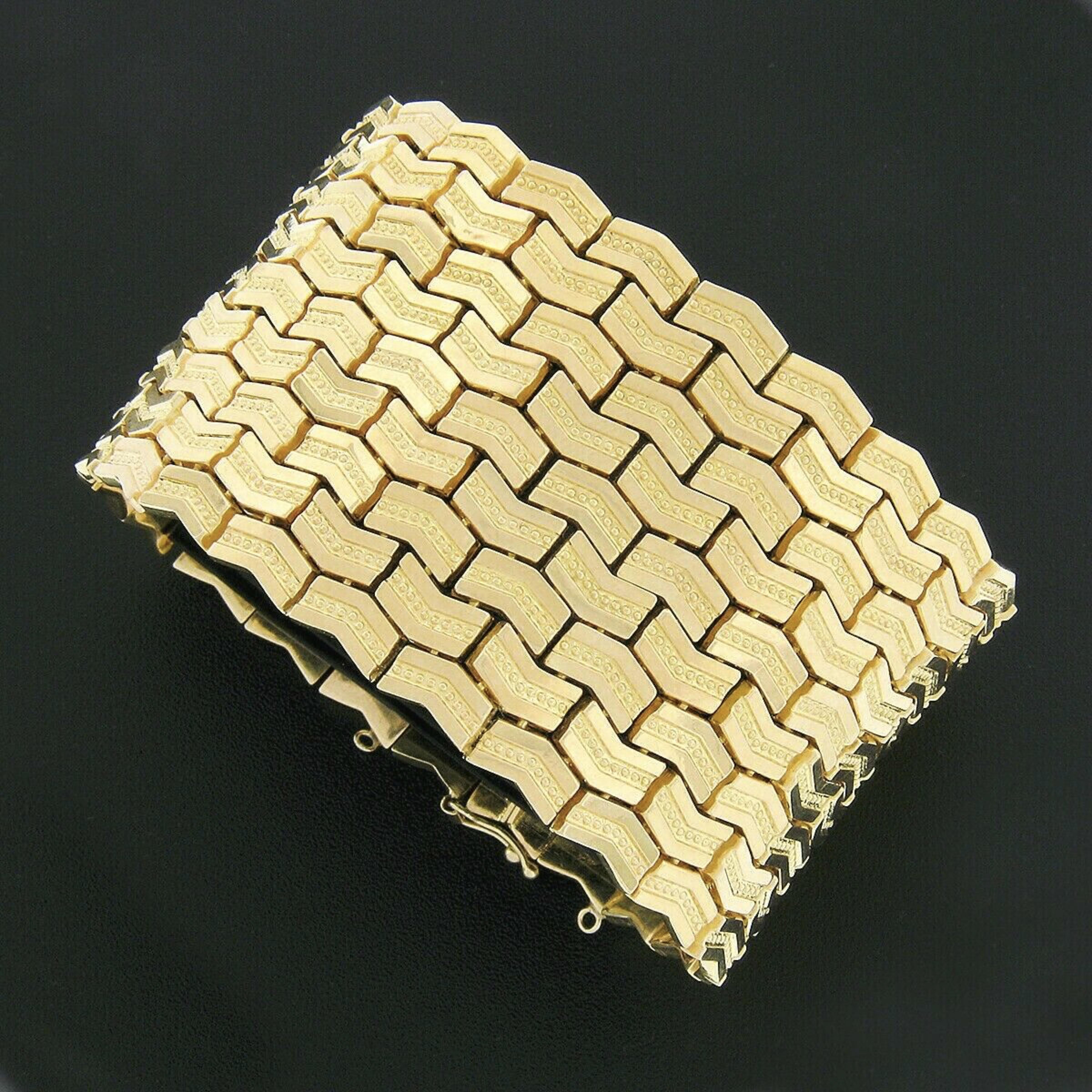 Vintage 18k Gold 9 Row Geometric Polished & Bead Work Strap Bracelet 4