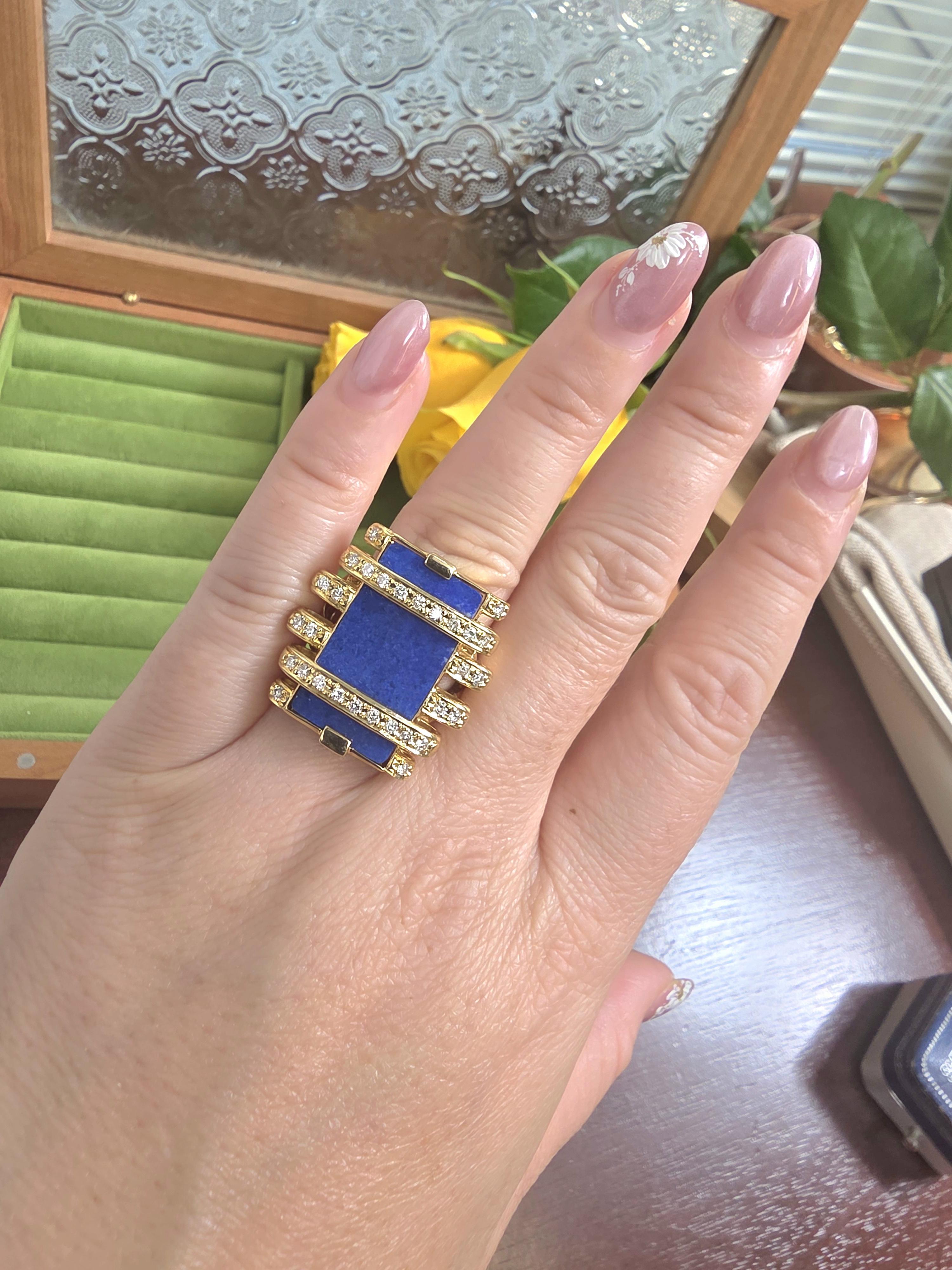 Vintage 18K Gold 9,03 Karat Lapislazuli und Diamant Skulptur Statment Ring (Zeitgenössisch) im Angebot