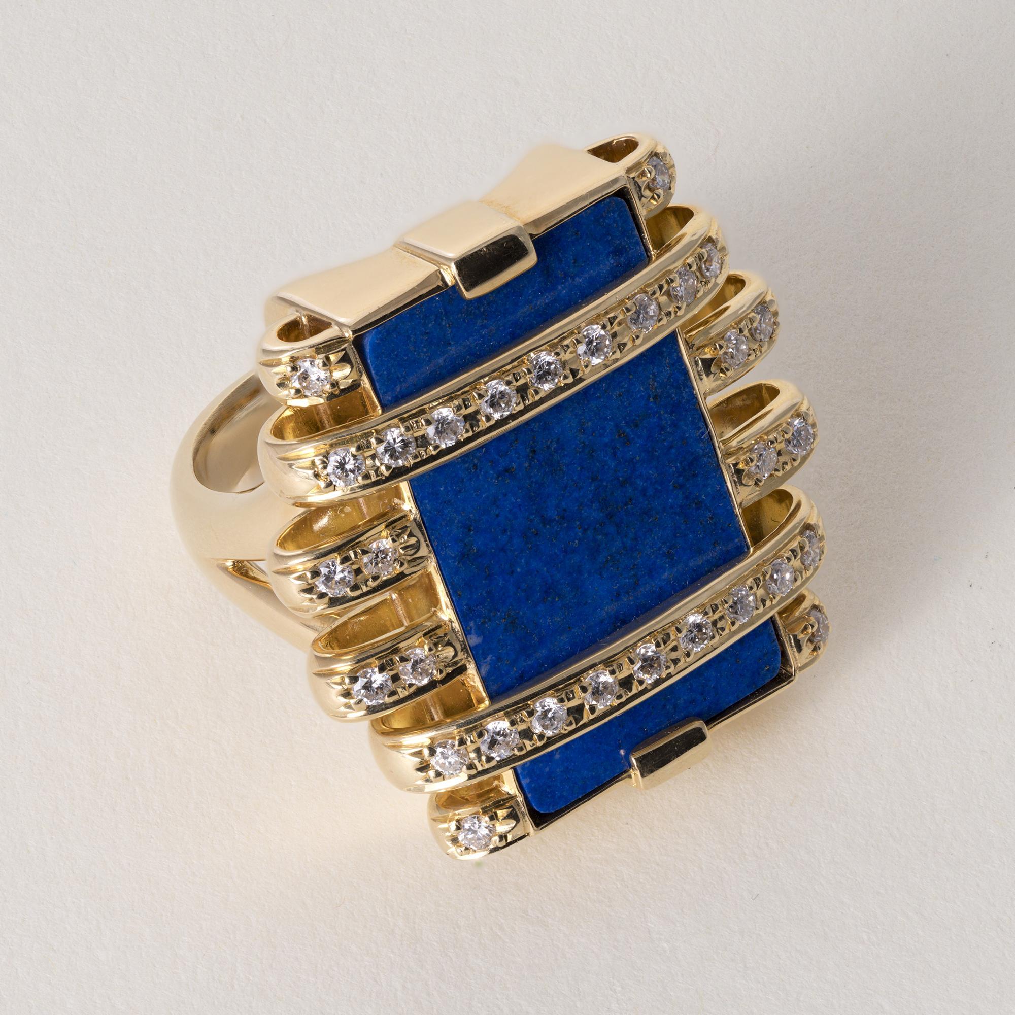 Vintage 18K Gold 9,03 Karat Lapislazuli und Diamant Skulptur Statment Ring (Porträtschliff) im Angebot