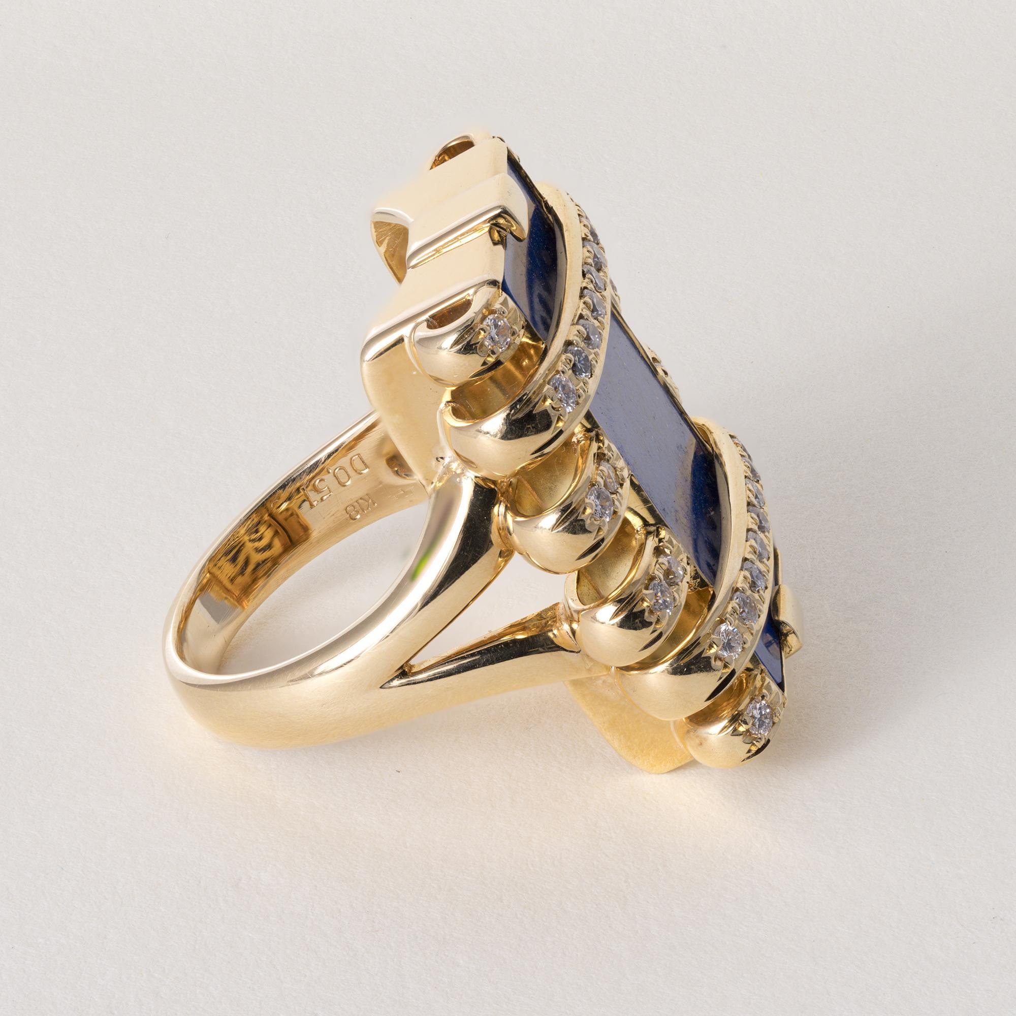 Vintage 18K Gold 9,03 Karat Lapislazuli und Diamant Skulptur Statment Ring im Zustand „Gut“ im Angebot in Los Angeles, CA