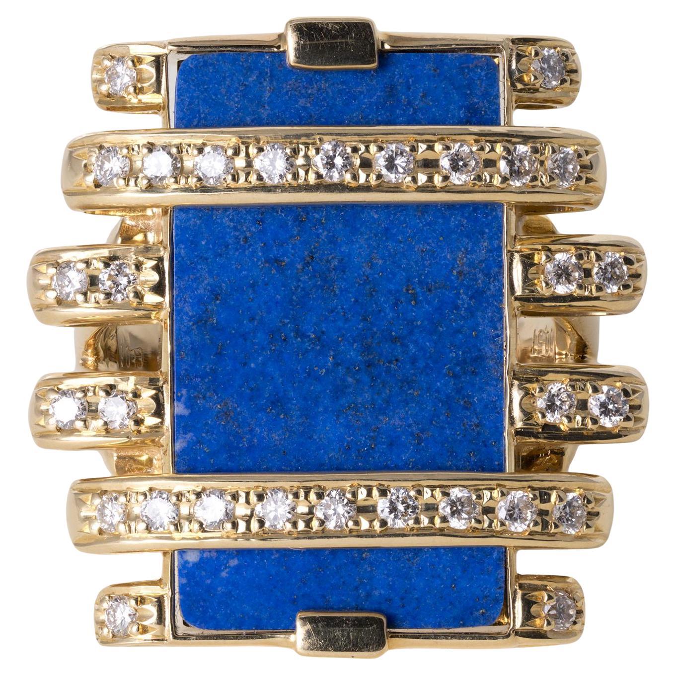 Vintage 18K Gold 9.03 Carat Lapis Lazuli and Diamond Sculptural Statment Ring