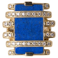 Vintage 18K Gold 9.03 Carat Lapis Lazuli and Diamond Sculptural Statment Ring