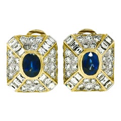 Vintage 18k Gold AGL 3.00ctw Oval Blue Sapphire Round Baguette Diamond Earrings