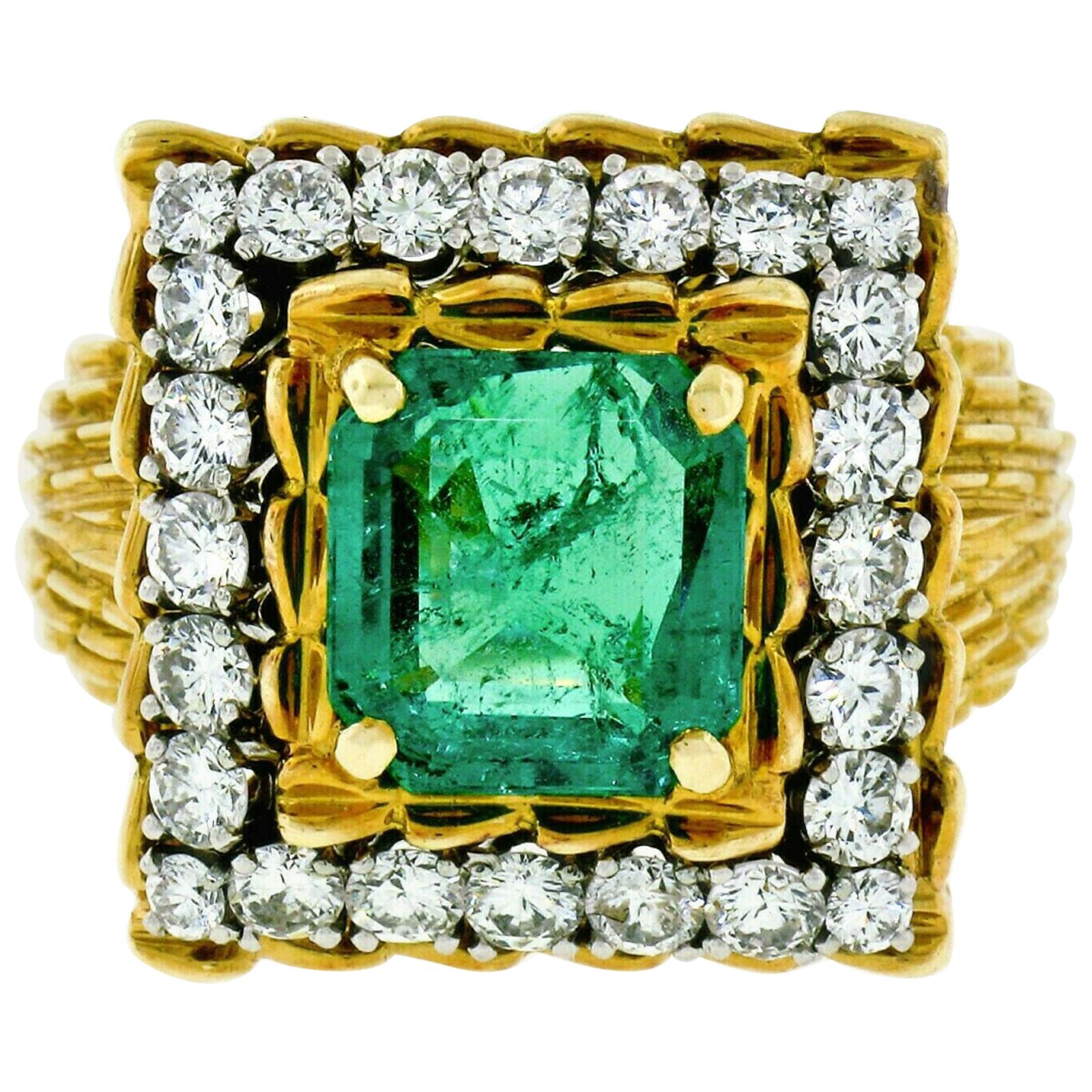 Vintage 18k Gold AGL 4.27ct Colombian Emerald and Diamond Textured Cocktail Ring