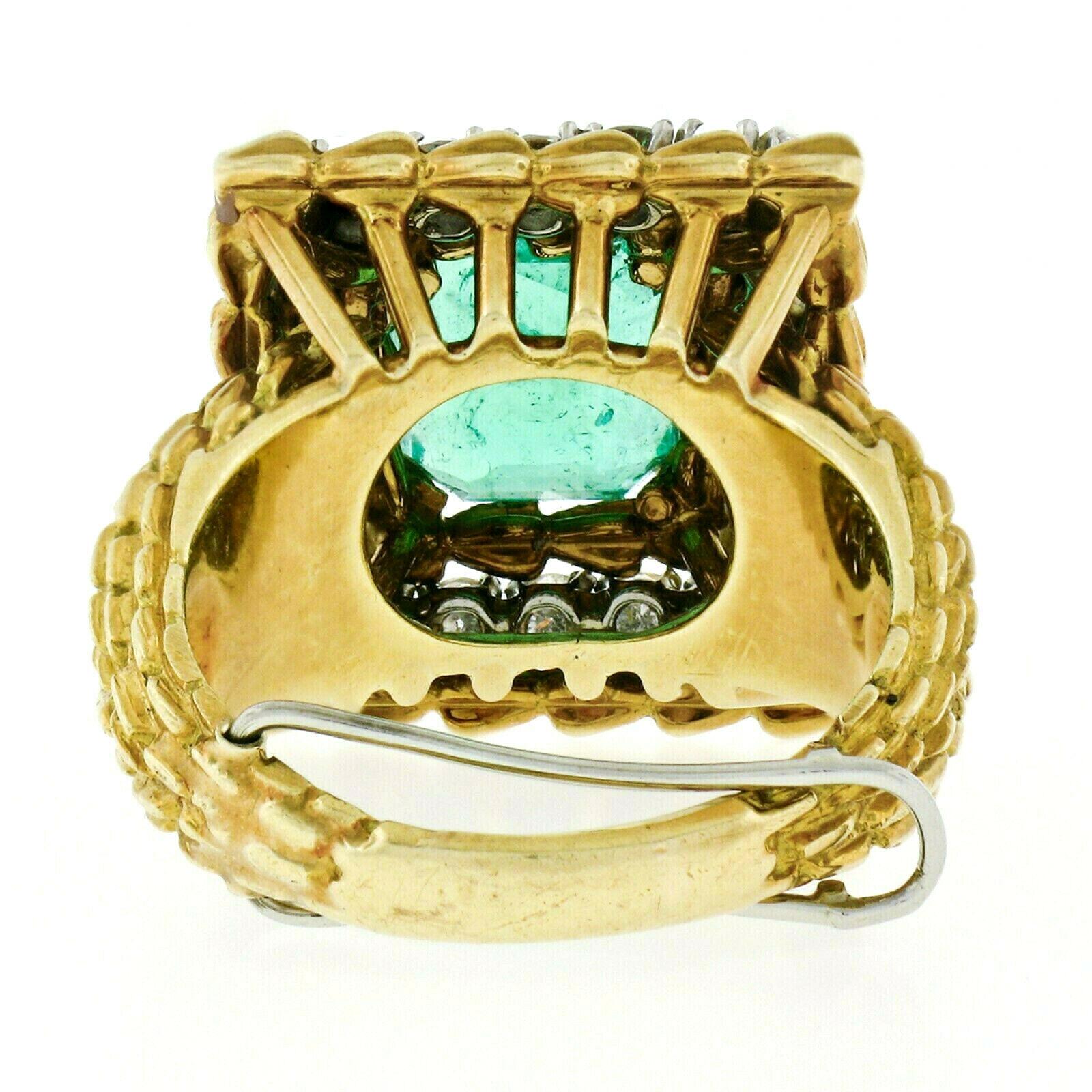 Vintage 18k Gold AGL 4.27ct Colombian Emerald and Diamond Textured Cocktail Ring For Sale 5
