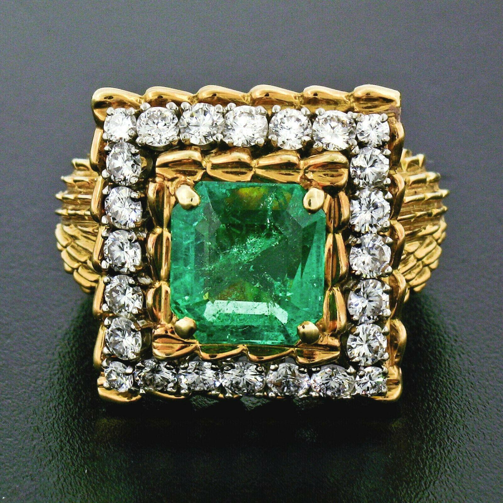 You are looking at a truly breathtaking, AGL certified, genuine emerald and diamond cocktail ring, very well crafted in solid 18k yellow gold. It features a large emerald cut Colombian emerald solitaire with the most desirable, rich, and lively