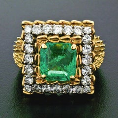Vintage 18k Gold AGL 4.27ct Colombian Emerald and Diamond Textured Cocktail Ring