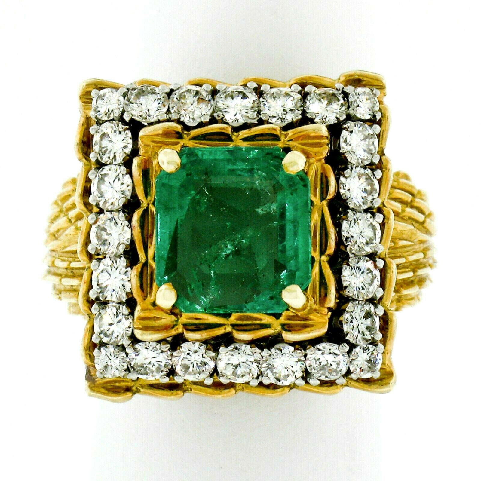 Emerald Cut Vintage 18k Gold AGL 4.27ct Colombian Emerald and Diamond Textured Cocktail Ring For Sale