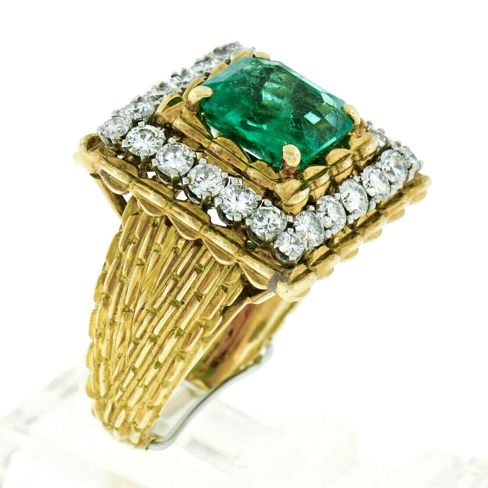 Vintage 18k Gold AGL 4.27ct Colombian Emerald and Diamond Textured Cocktail Ring In Good Condition For Sale In Montclair, NJ