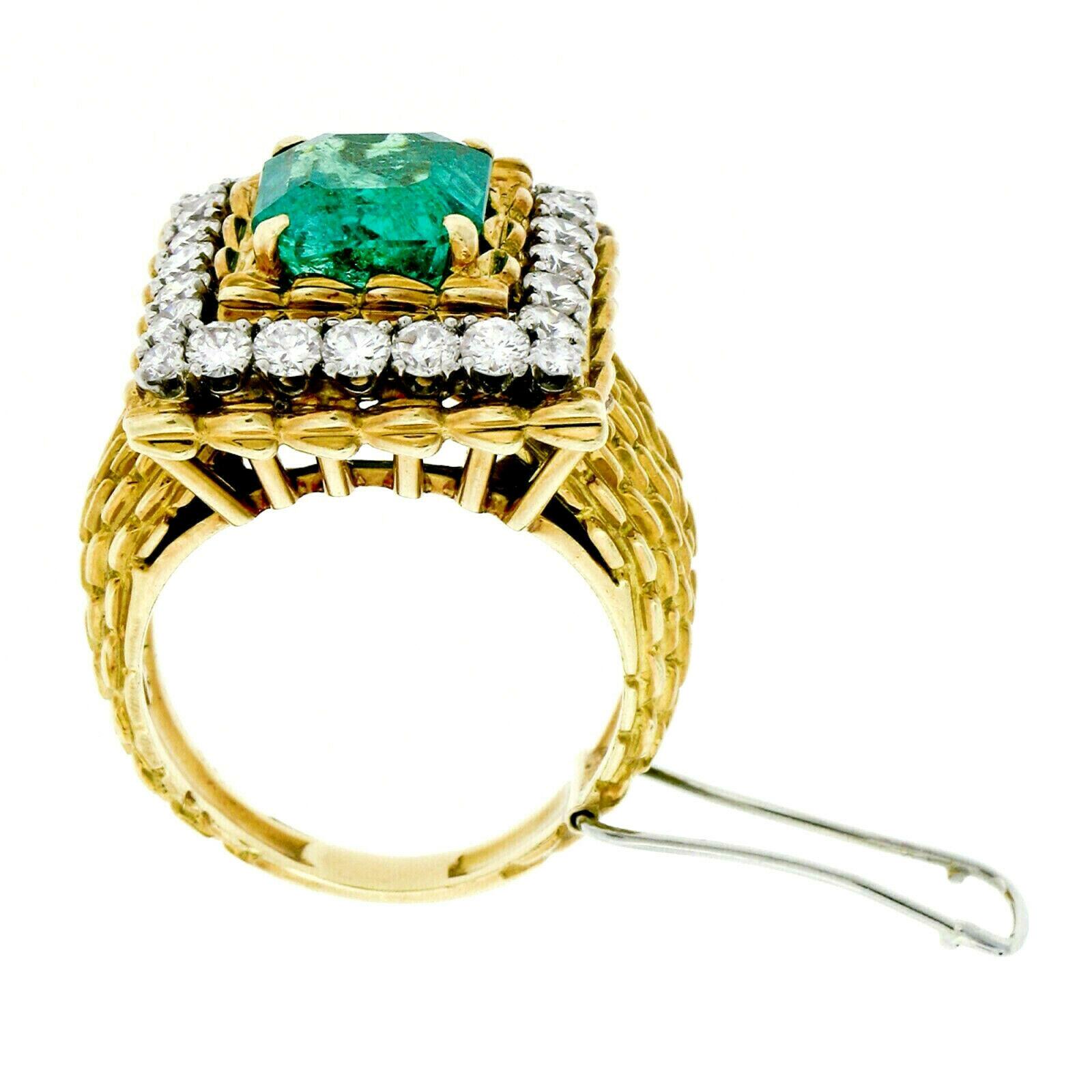 Vintage 18k Gold AGL 4.27ct Colombian Emerald and Diamond Textured Cocktail Ring For Sale 1