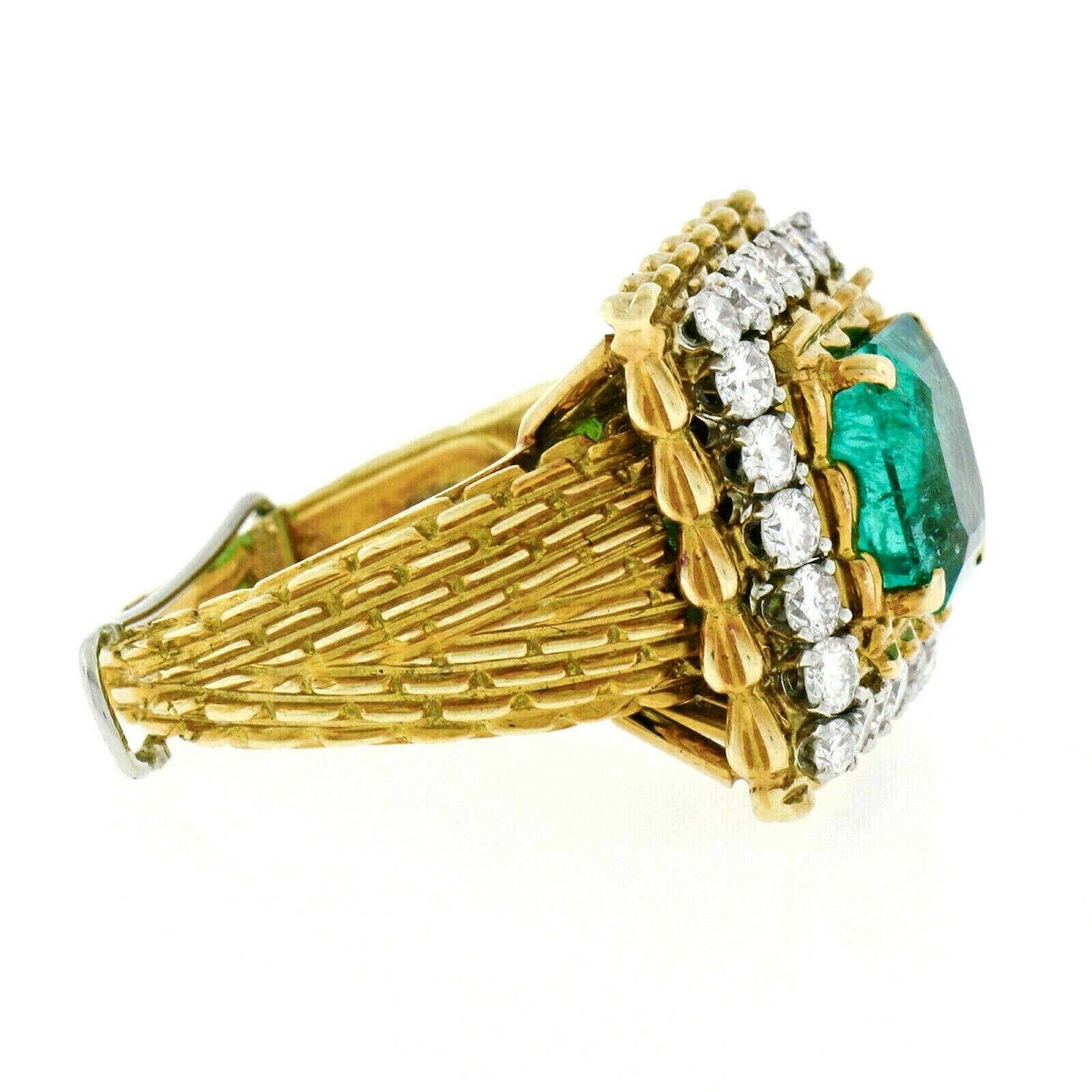 Vintage 18k Gold AGL 4.27ct Colombian Emerald and Diamond Textured Cocktail Ring For Sale 3