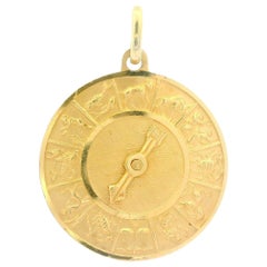 Vintage 18k Gold All Zodiac Functioning Arrow Round Medallion Charm Pendant