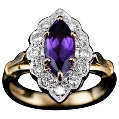 Vintage 18k Gold Amethyst 
Diamond Marquise/Navette Cluster Ring