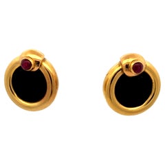 Vintage 18K Gold Ancient Bronze Coin Earrings with Cabochon Rubies