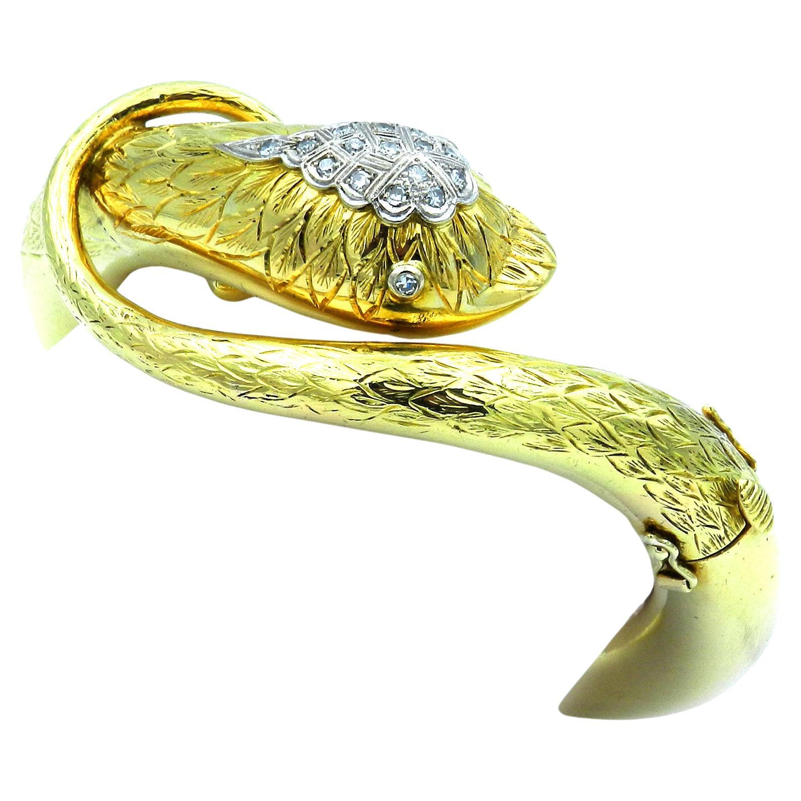 Vintage 18k Gold and 0.29 Carat Diamond Snake Bangle Bracelet For Sale