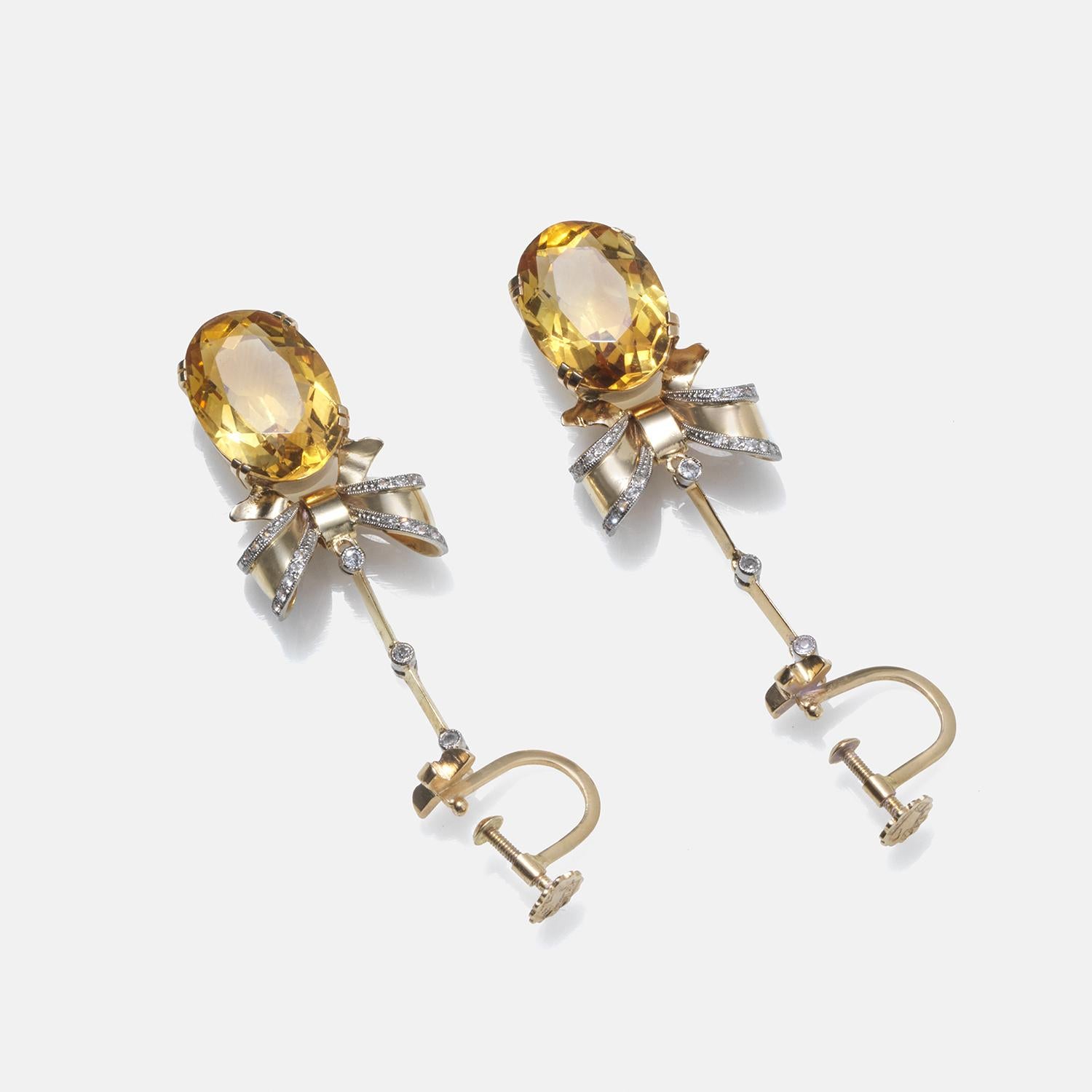 Women's or Men's Vintage 18k Gold and Citrine Earrings by Ateljé Stigbert Made Year 1944 For Sale