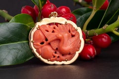 Vintage 18K Gold and Coral Heron Bird Pendant