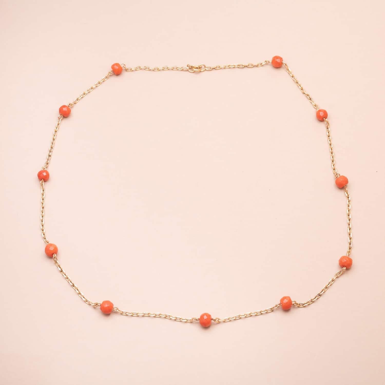 Bead Vintage 18K Gold and Coral Sautoir Necklace  For Sale