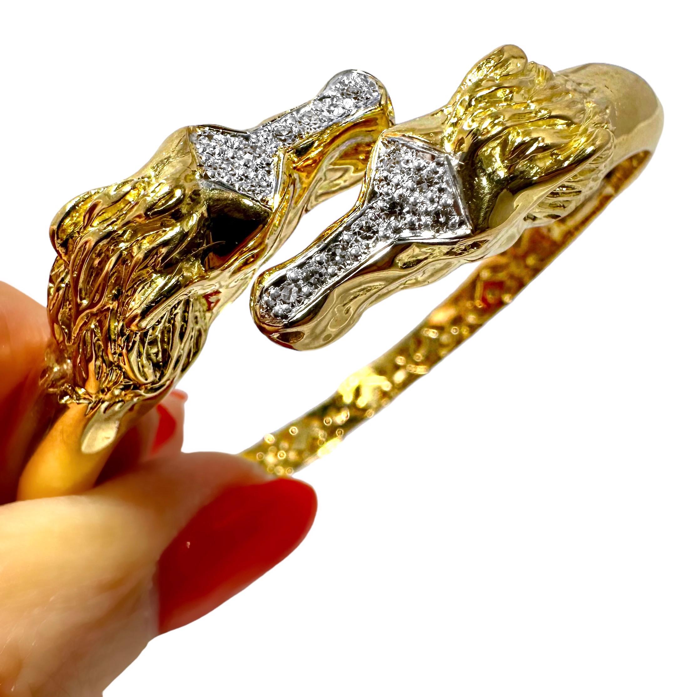Vintage 18k Gold and Diamond Equestrian Bypass Bangle Bracelet  For Sale 4