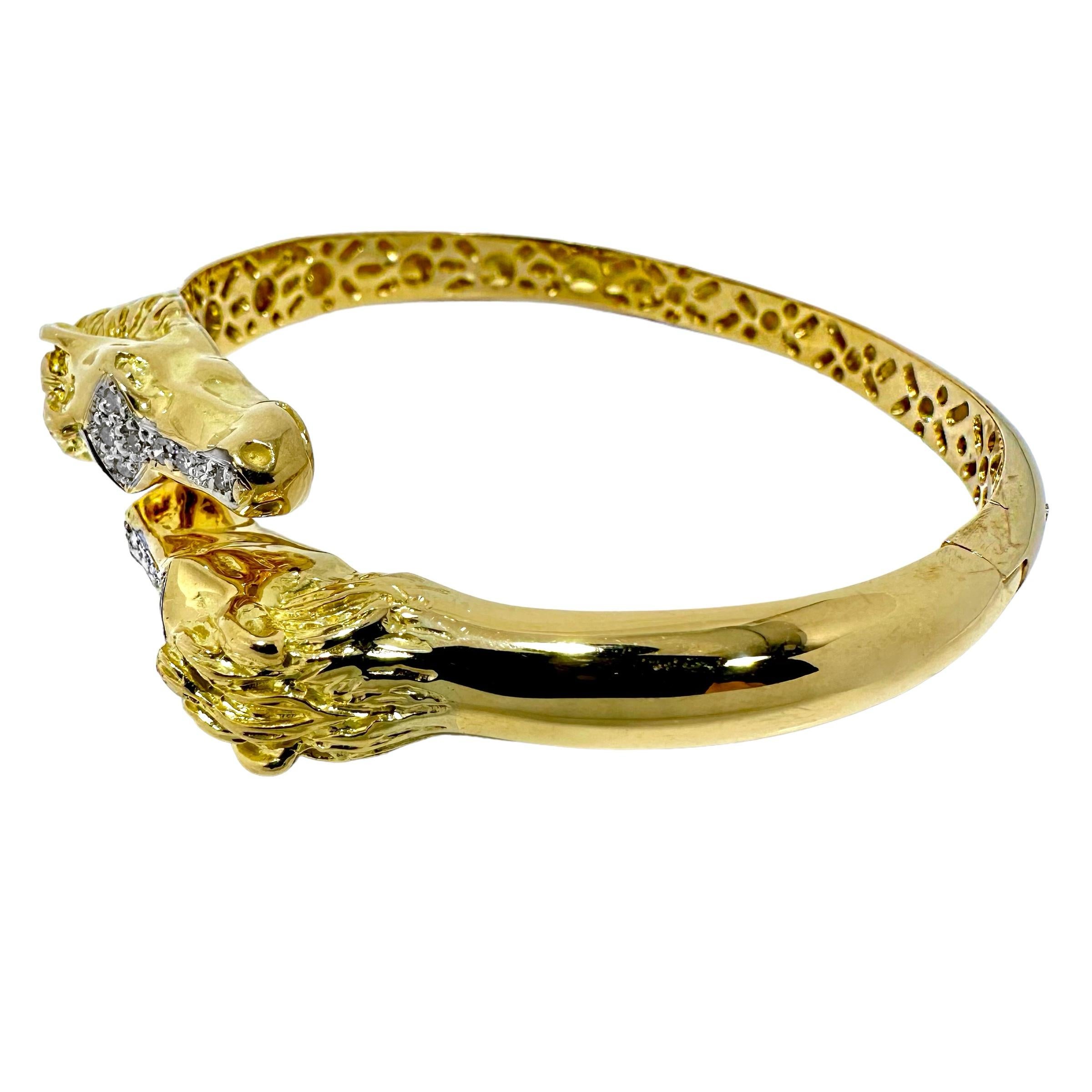 Modern Vintage 18k Gold and Diamond Equestrian Bypass Bangle Bracelet  For Sale