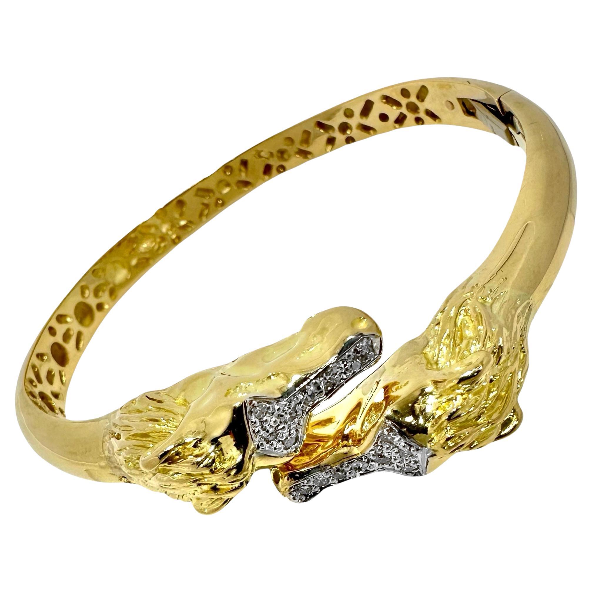 Vintage 18k Gold and Diamond Equestrian Bypass Bangle Bracelet 