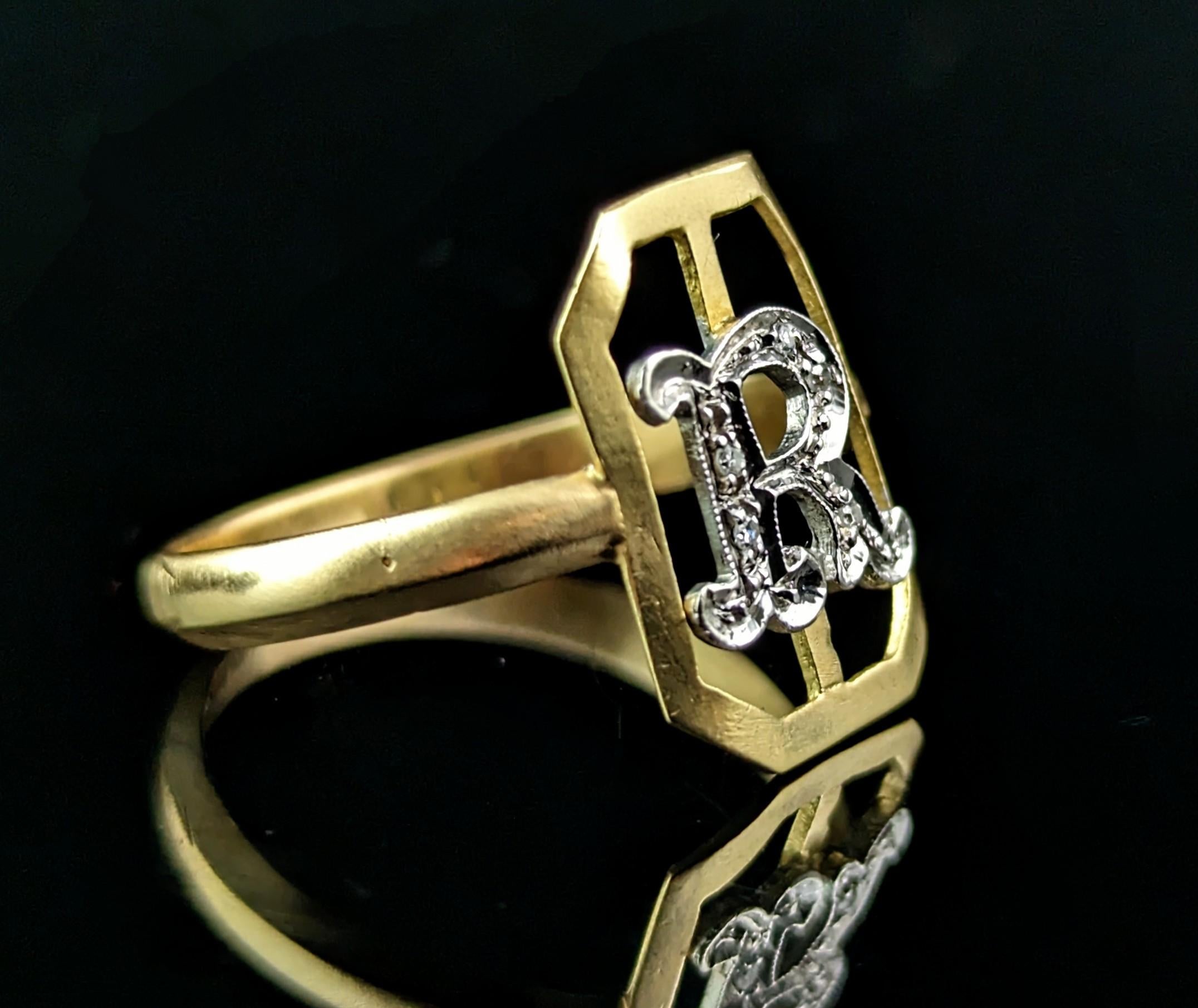 Art Deco Vintage 18k gold and Diamond R initial ring, Conversion 
