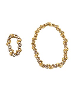 Vintage 18K Gold and Diamond Ribbon Link Necklace and Bracelet Set