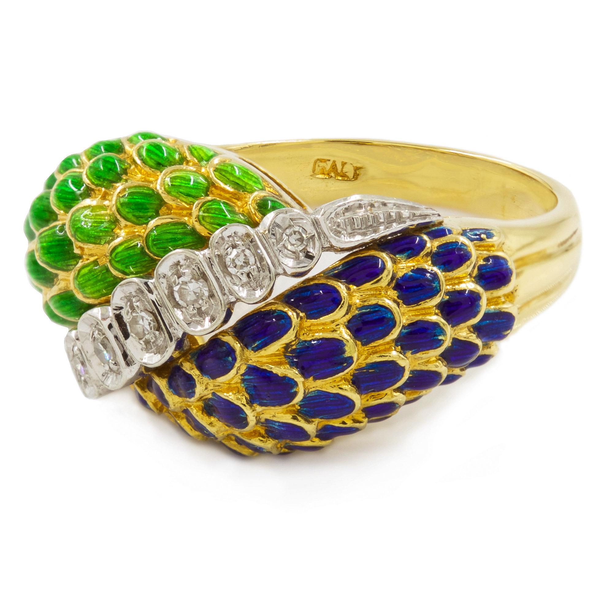 VINTAGE 18K GOLD, BLUE & GREEN ENAMEL AND DIAMOND RING
9.8 grams total weight  7 round brilliant-cut diamonds  marked 