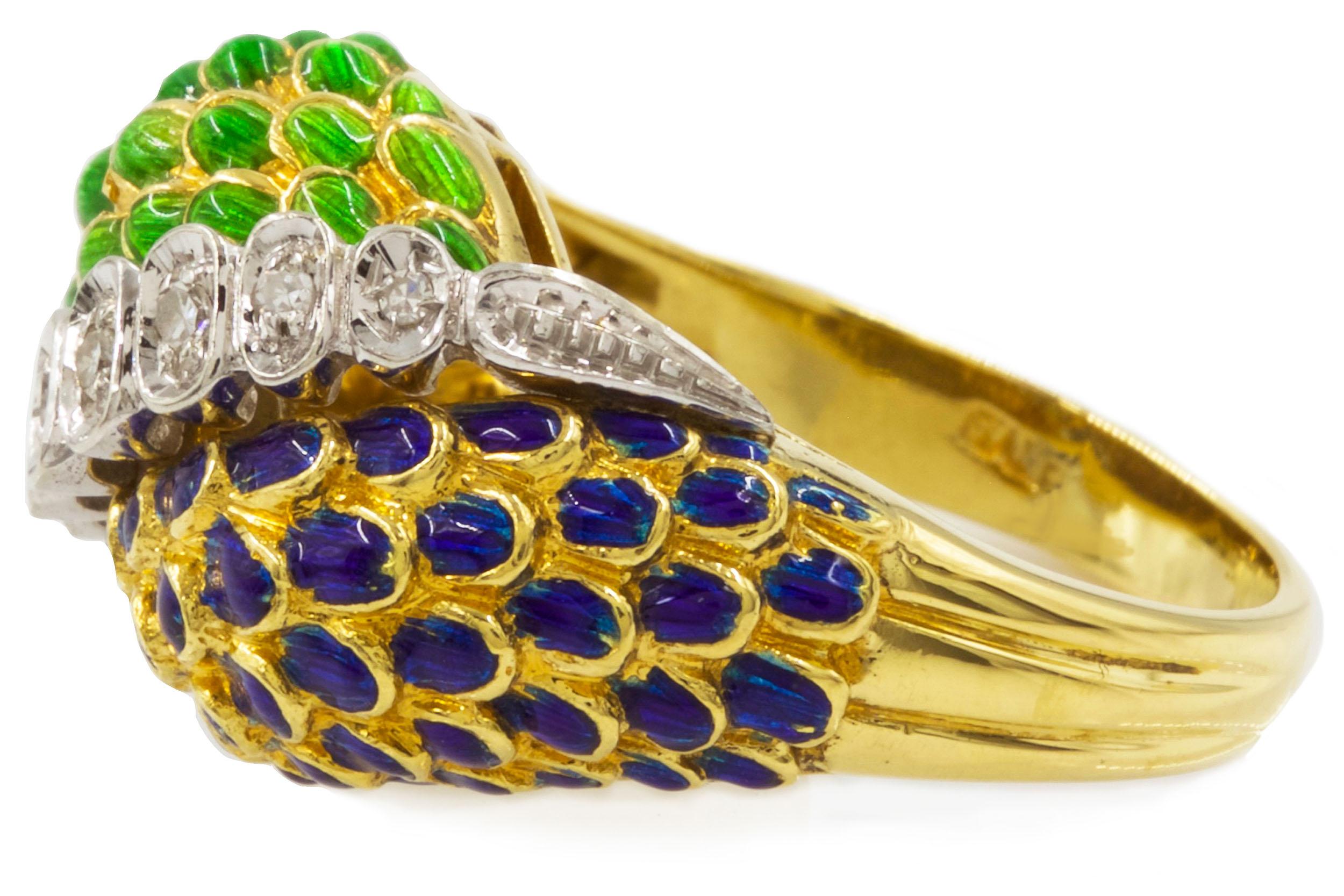 Italian Vintage 18k Gold and Diamond Ring with Blue & Green Enamel For Sale