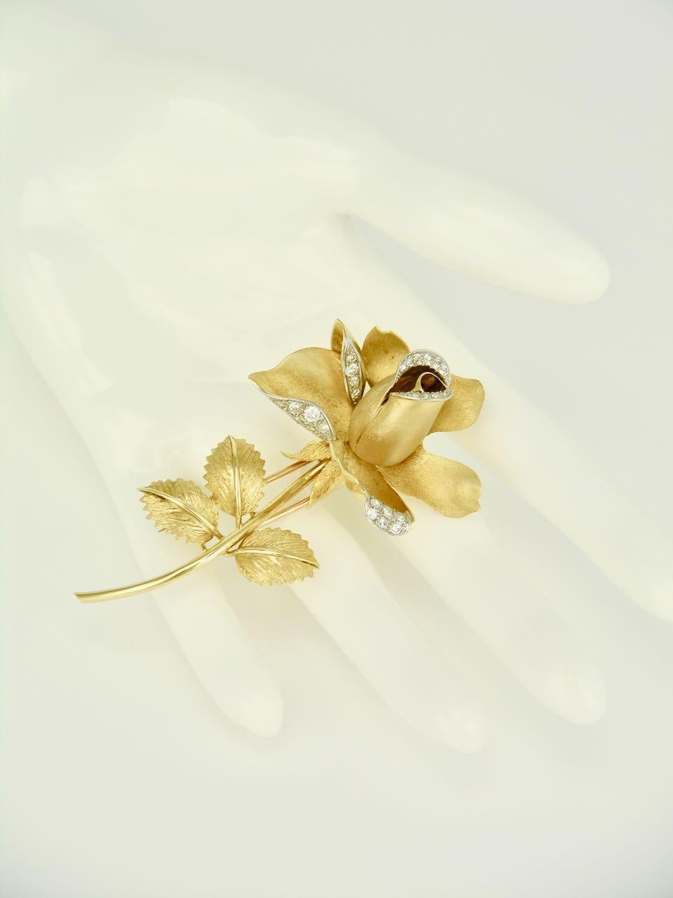 Romantic Vintage 18 Karat Gold and Diamond Rose Flower Brooch Pin, 1960s For Sale
