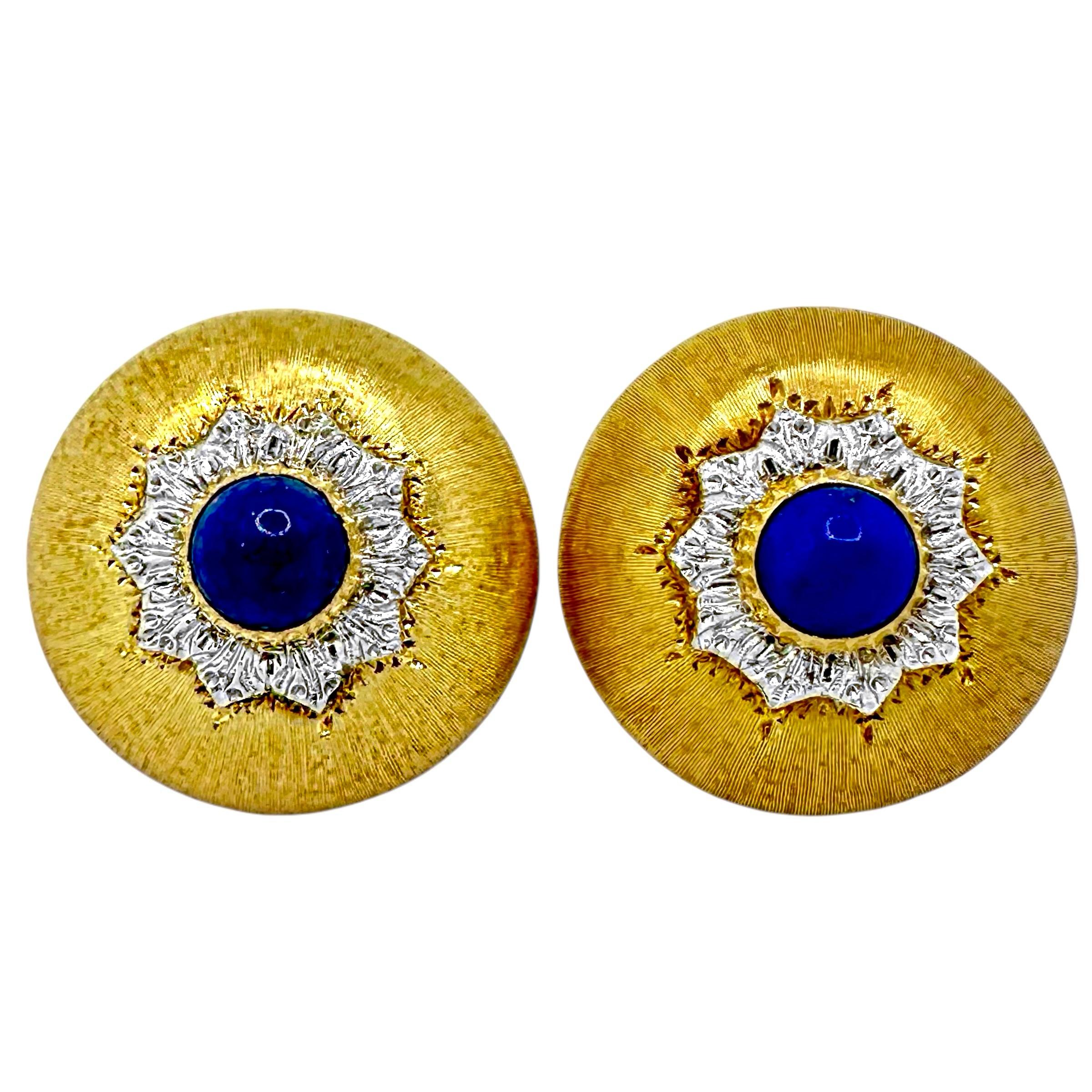 This vintage pair of 18K clip-on gold and Lapis-Lazuli earrings designed and produced by Mario Buccellati, possess all of the fine design and delicate detail that are to be expected in offerings by this esteemed maker. With diameters of 13/16 inches