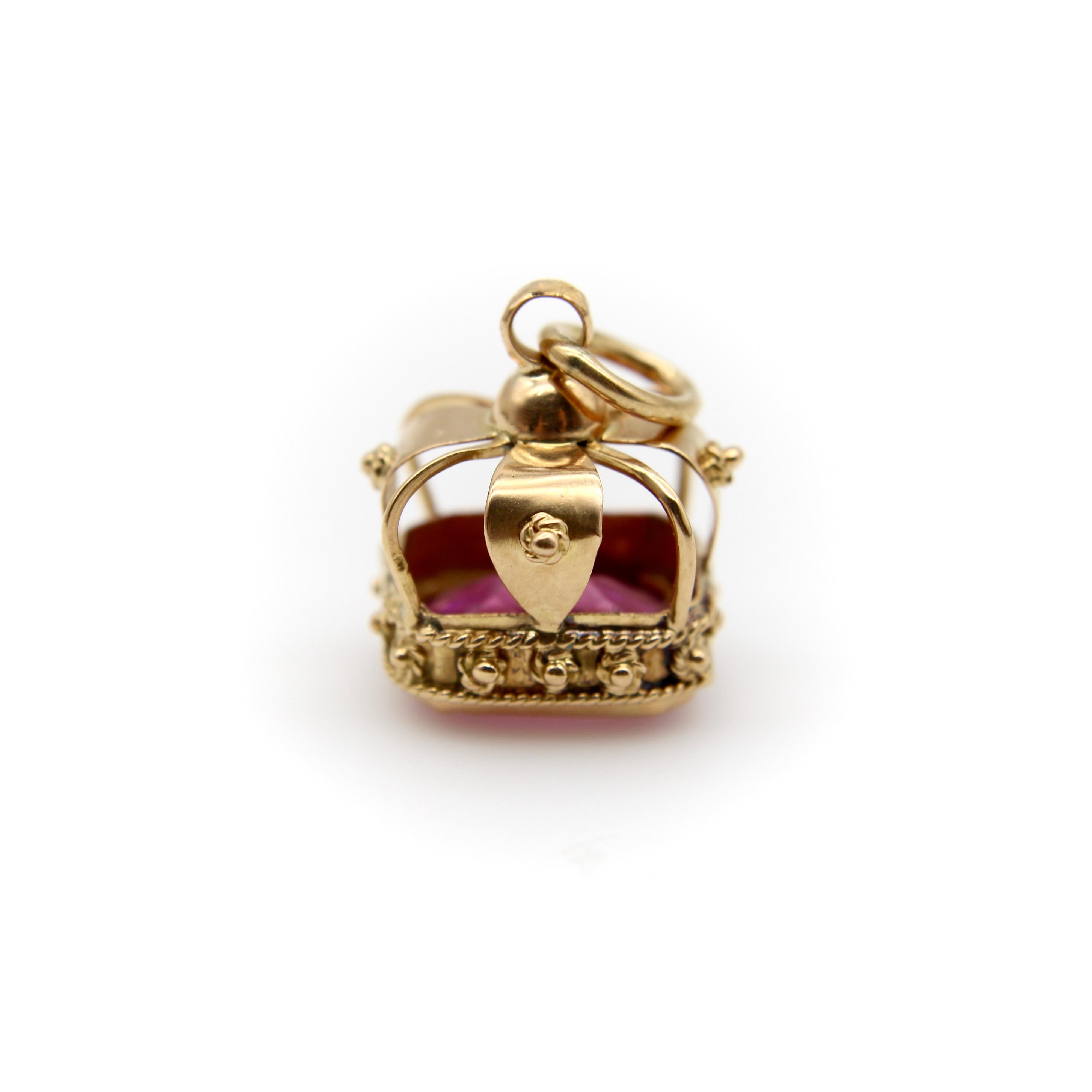 Emerald Cut Vintage 18K Gold and Pink Sapphire Crown Pendant For Sale