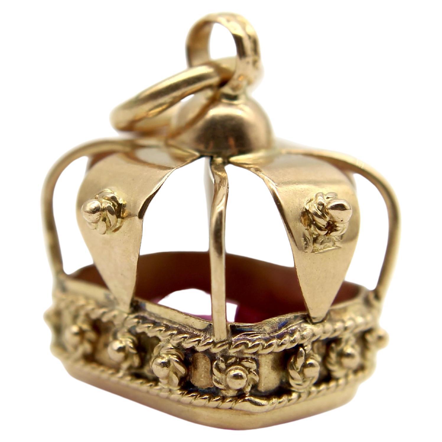 Vintage 18K Gold and Pink Sapphire Crown Pendant For Sale