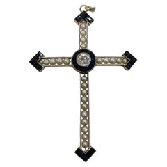 Vintage 18K Gold and Platinum Cross Pendant with 0.35ct Diamonds and Pearls